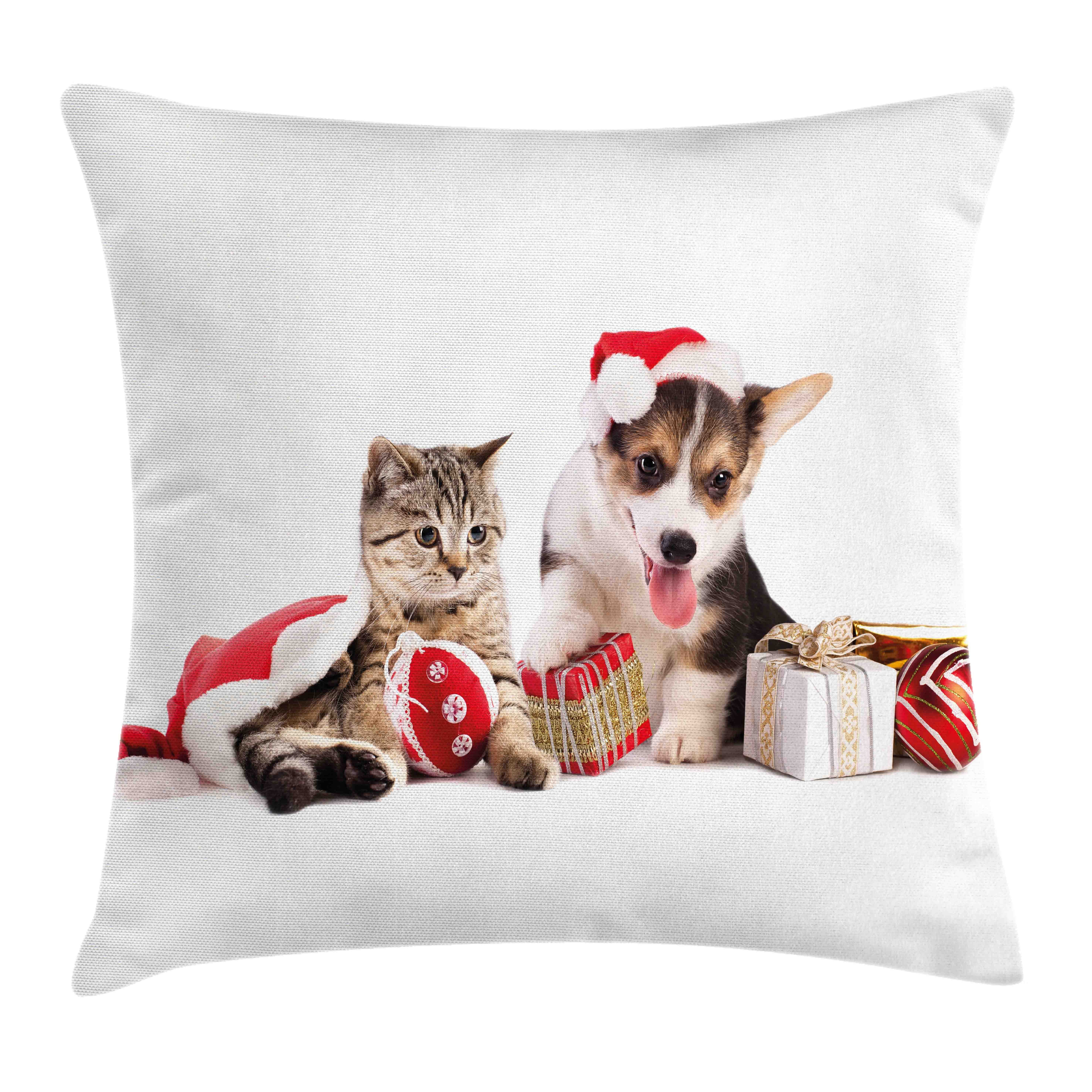 Kissenbezüge Reißverschluss Kissenhülle mit Farbfesten Farben Beidseitiger Druck, Abakuhaus (1 Stück), Weihnachten Hund Katze mit Geschenken