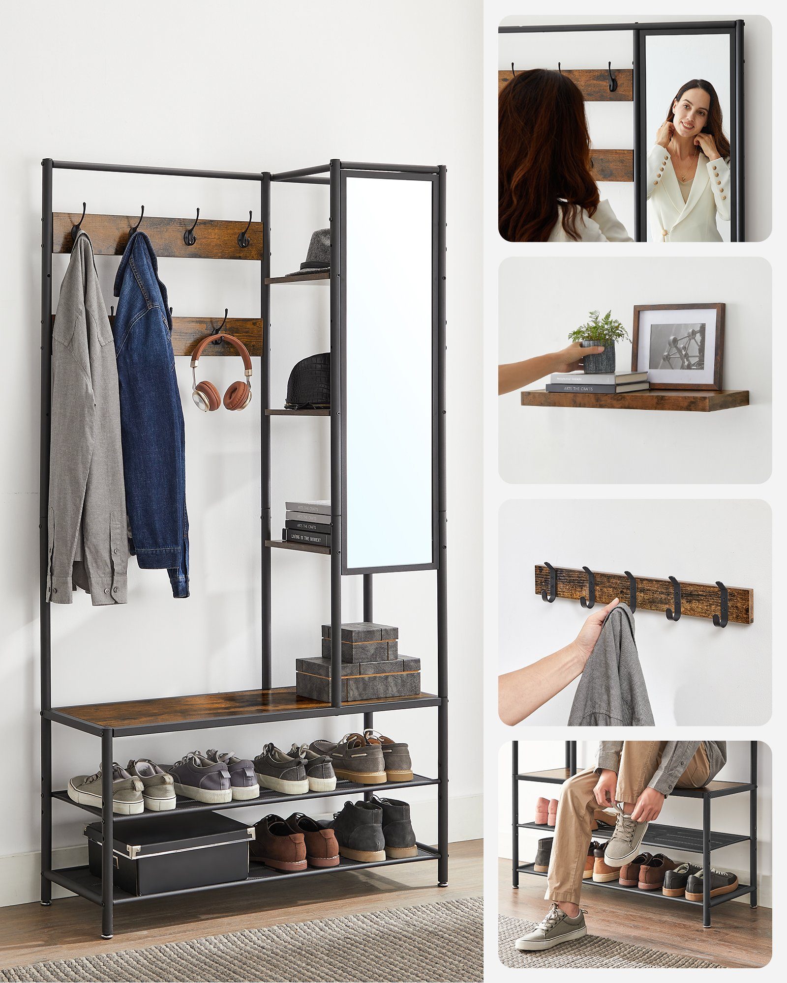 VASAGLE Garderobenständer Garderobe, mit Schuhbank, 35 x 98 x 182 cm