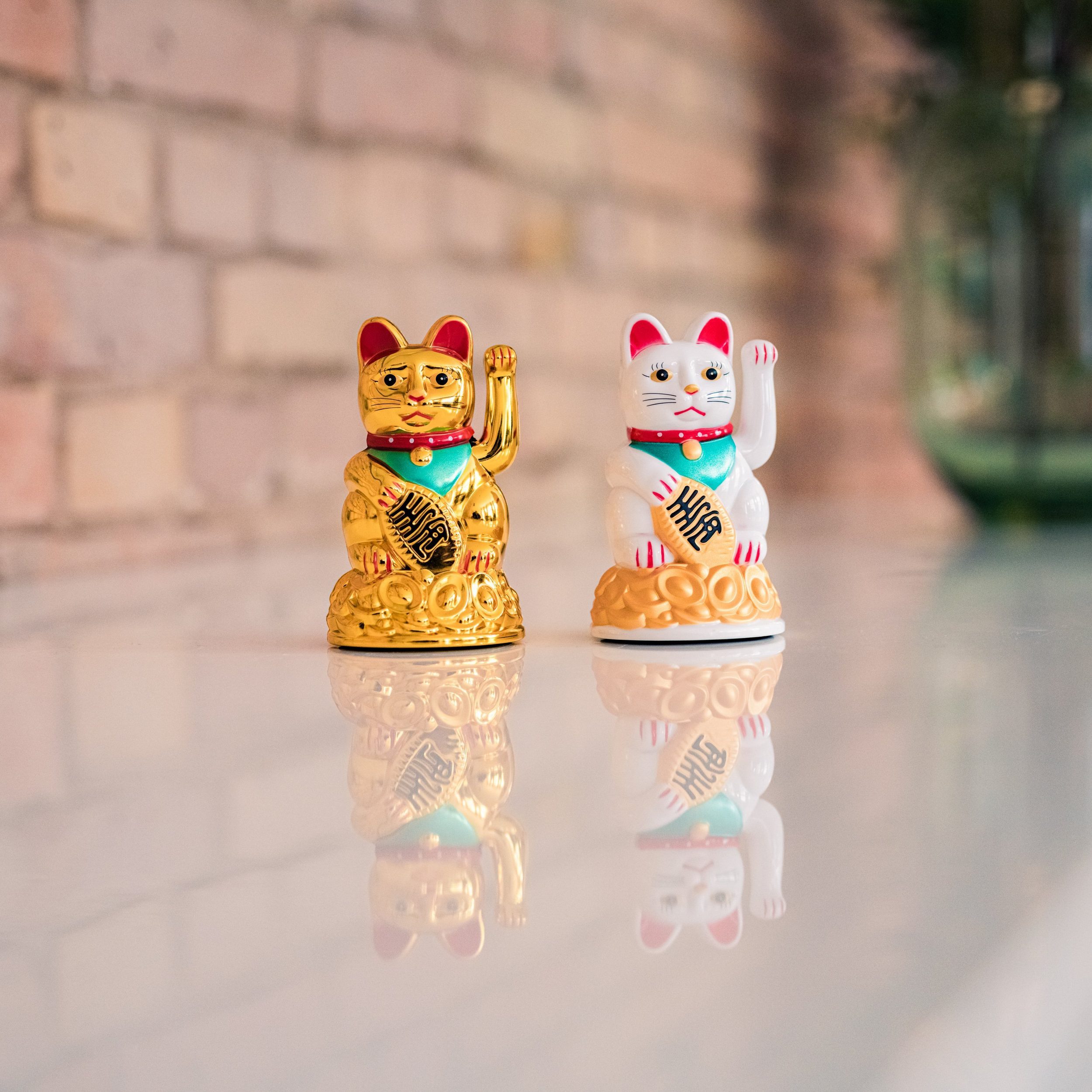 Flanacom Winkekatze Winkende Japanische Glückskatze - Glücksbringer (2-er Set), Gold und Weiß, batteriebetrieben