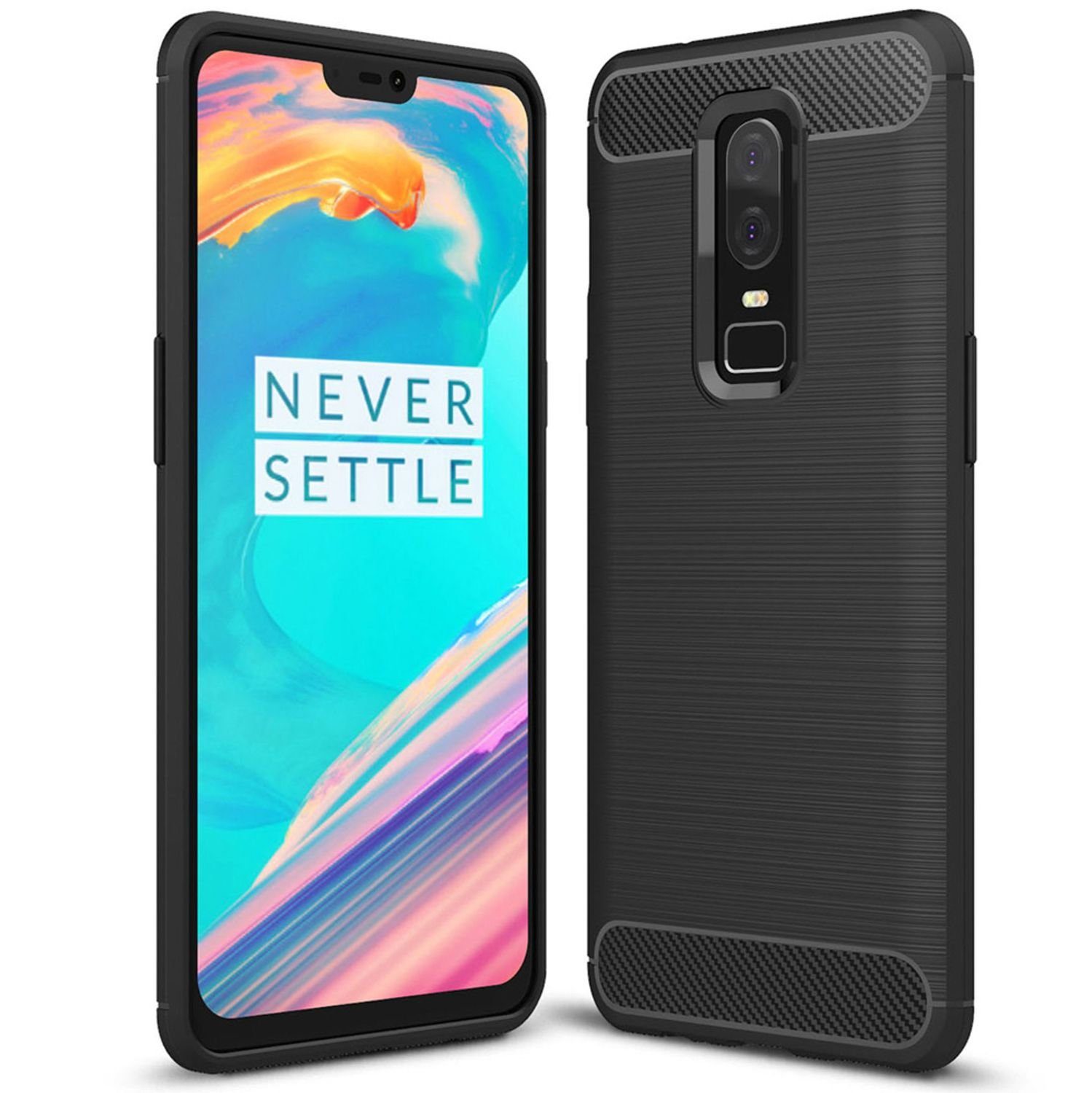 Nalia Smartphone-Hülle OnePlus 6, Carbon Look Silikon Hülle / Matt Schwarz / Rutschfest / Karbon Optik