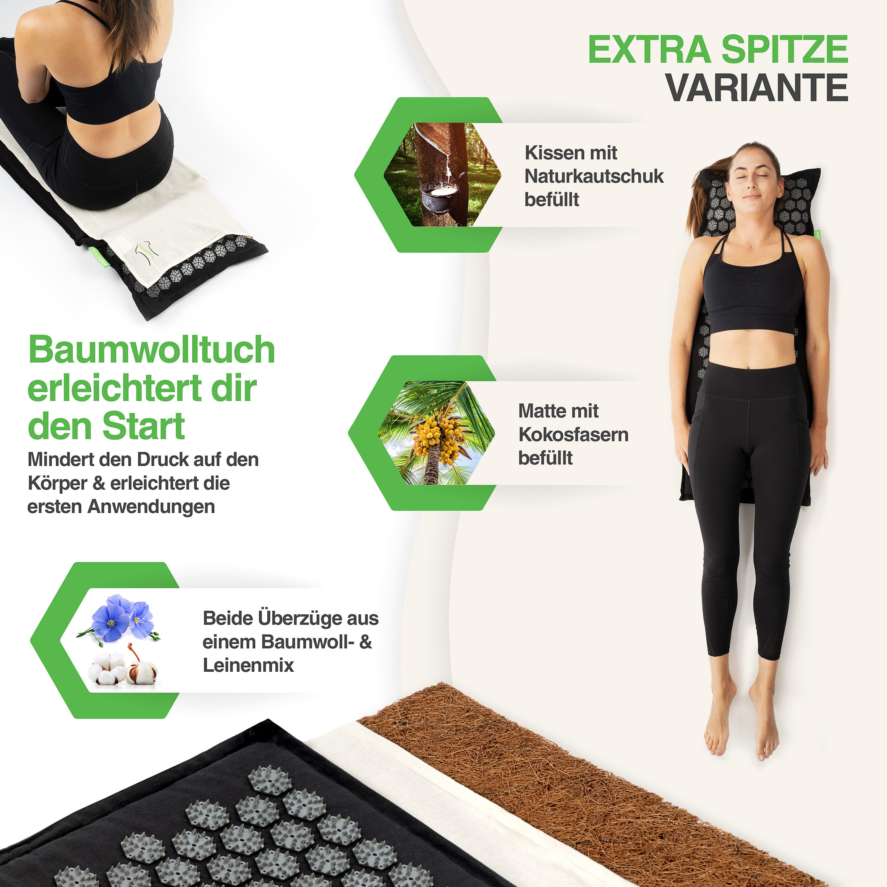 BACKLAxx® Akupressurmatte "Intensiva" mit Kissen für Fortgeschrittene durch extreme Stimulation (Akupressurmatten Set, 4teilig + gratis-Download), Matte:70x43cm, Kissen:40x33cm, Tuch:100x40cm. Insgesamt 4853 Nadeln.