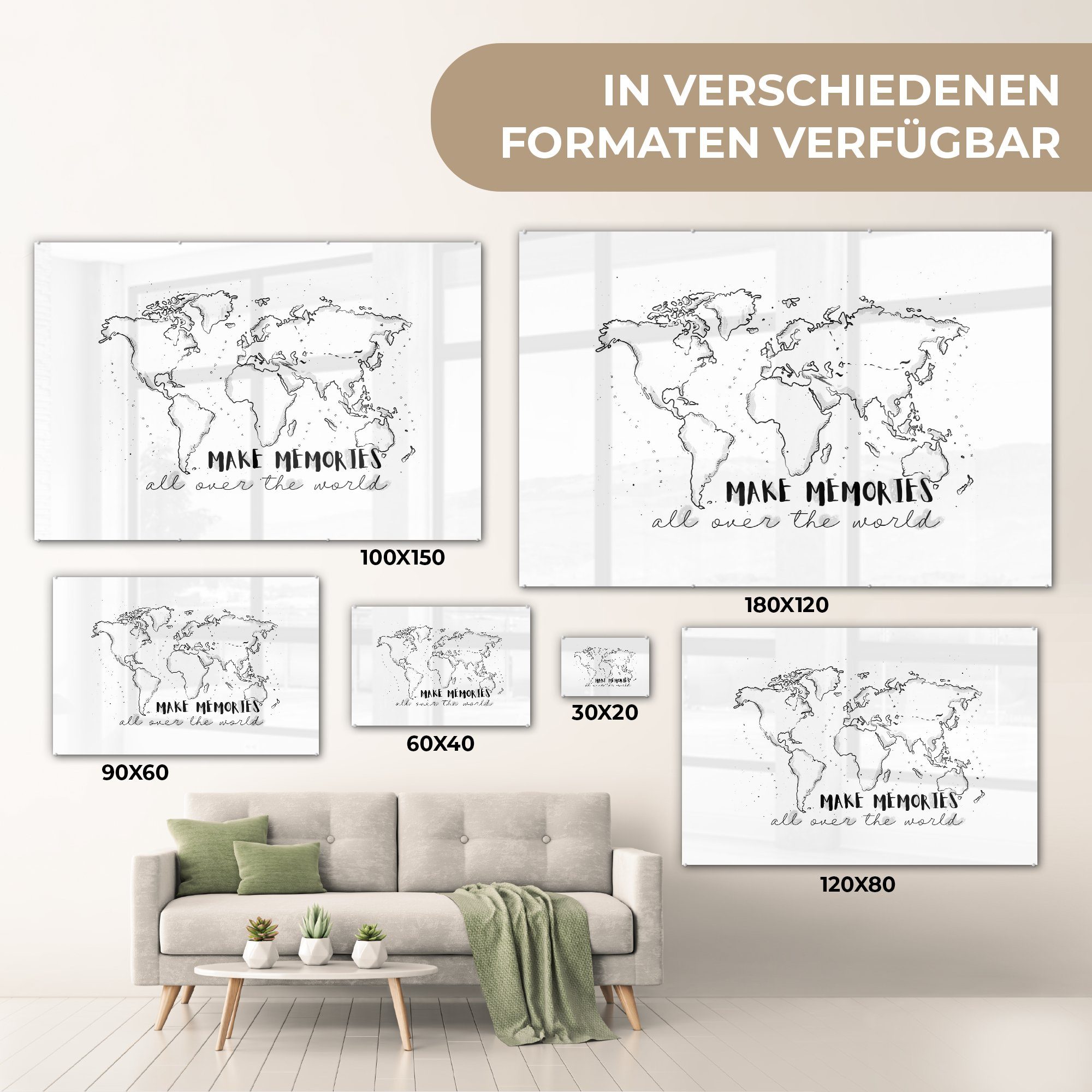 MuchoWow Acrylglasbild Weltkarte - Zitat - & Acrylglasbilder (1 Schlafzimmer Wohnzimmer Reisen, St)