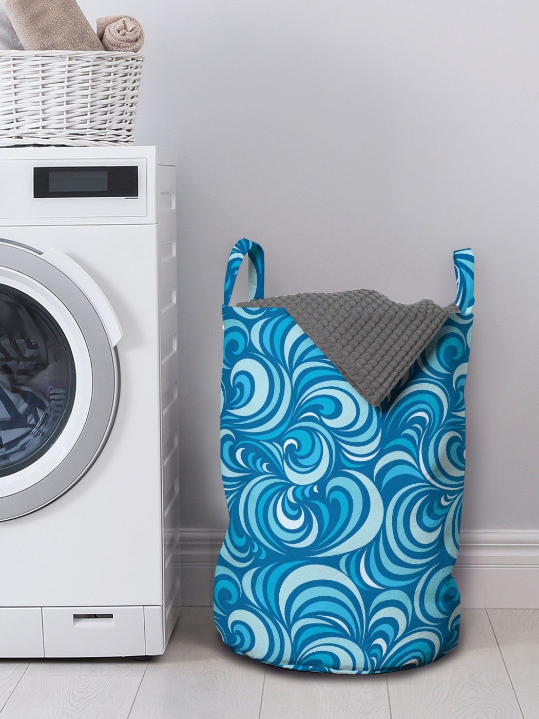 Abakuhaus Wäschesäckchen Wäschekorb Marine-Wellen-Spiralen-Kunst mit Griffen Kordelzugverschluss Blau für Waschsalons