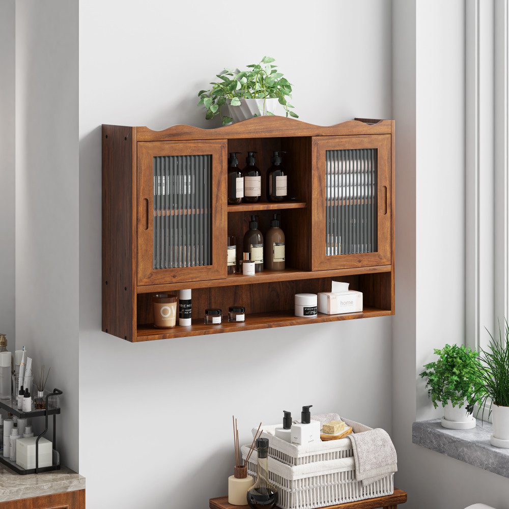 BBWL Schiebetürenschrank aus Massivholz mit 2 Schiebetüren, 3 Ablagen, platzsparender Retro Wandschrank 90cm aus Hängeschrank für Bad Küche