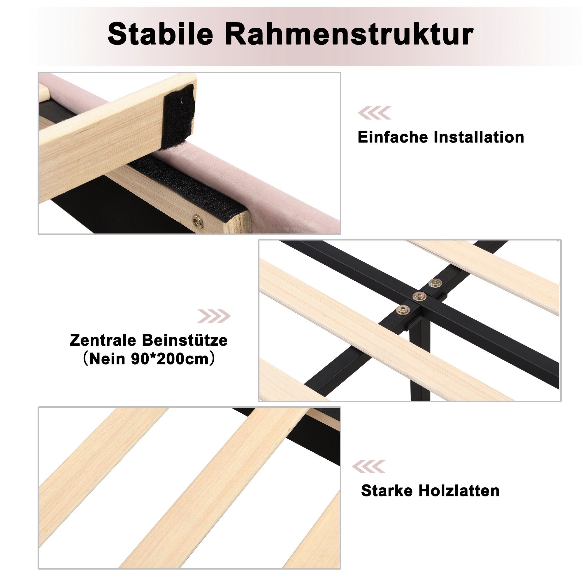 Polsterbett (Einzelbett 90x200 cm mit Polsterbank, ohne Matratze), mit höhenverstellbarem Muschel-Form-Kopfteil und Lattenrost, Samt