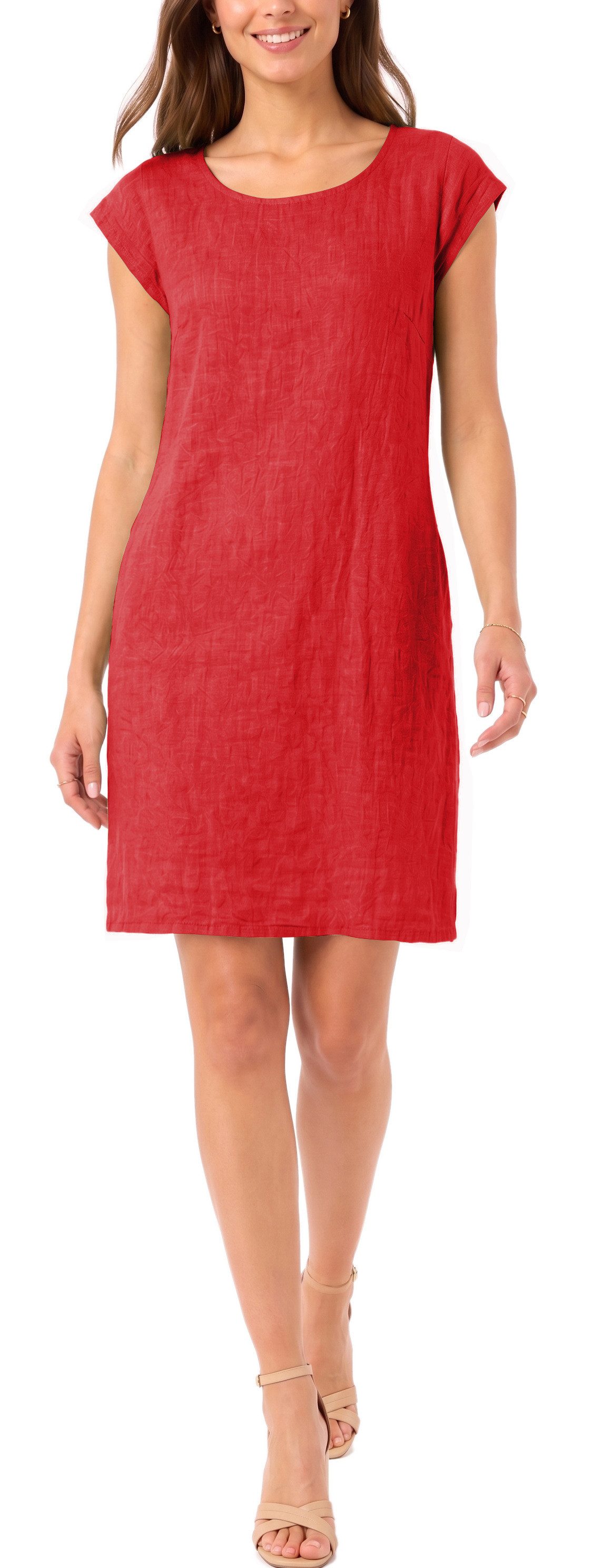 dy_mode Midikleid Einfarbiges Damen Leinenkleid Sommerkleid Kurzarm Midi Kleid in Unifarbe, mit Eingriffstaschen, leicht taillierte Passform