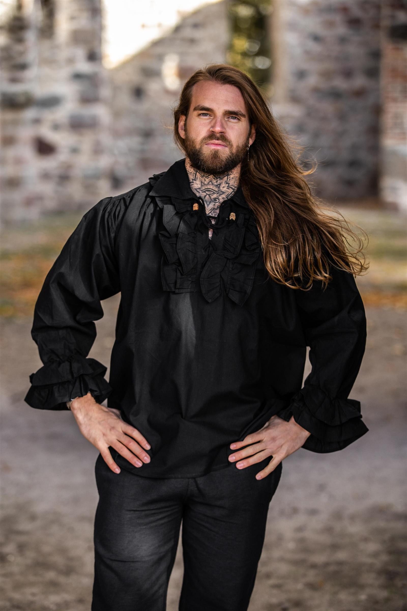 Leonardo Carbone Piraten-Kostüm Rüschenhemd "Dracula" mit Schnürkragen, Rüschenbündchen, Holzknopf-Details