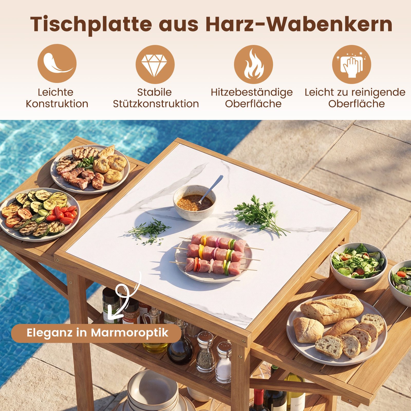 COSTWAY Gartentisch, Grilltisch Outdoor, Campingtisch aus Akazienholz