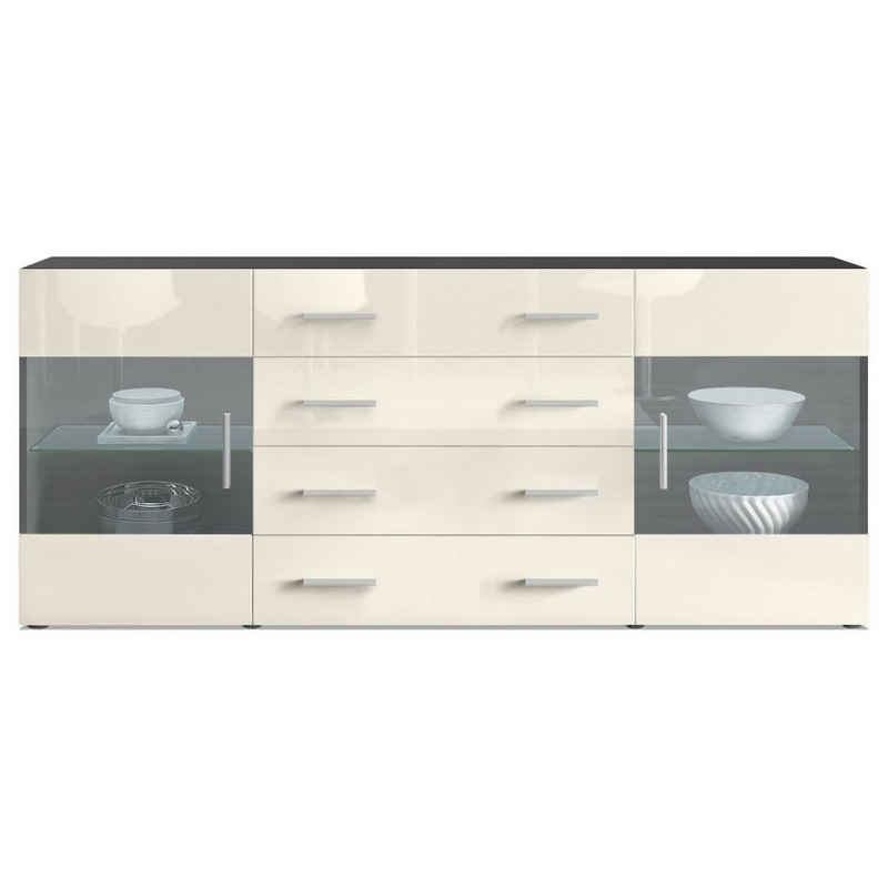 Vladon Sideboard Bari (Kommode mit 2 Türen, 4 Schubladen und 2 flexible Glaseinlegeböden), Schwarz matt/Brombeer Hochglanz (166 x 72 x 35)