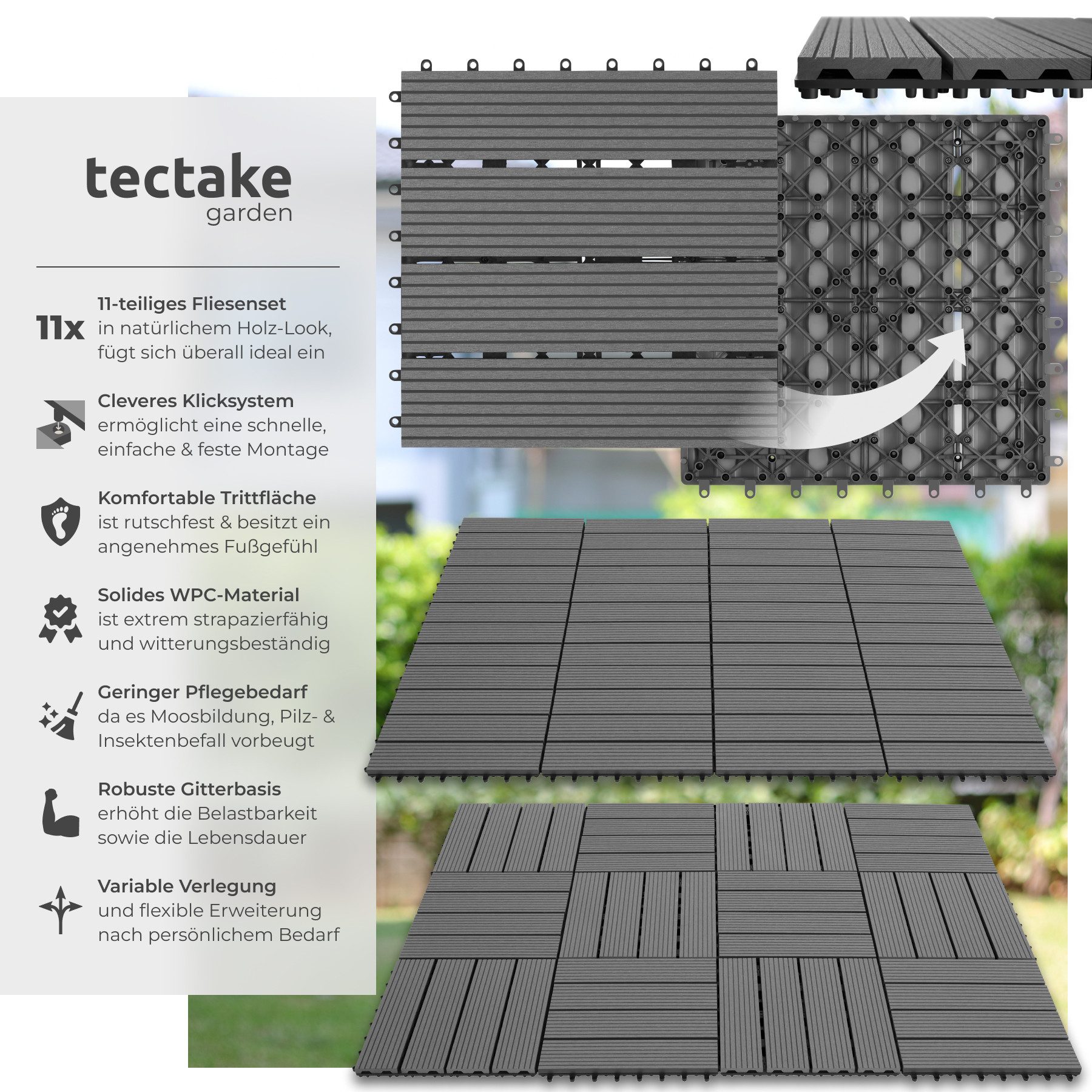 tectake Terrassendielen Terrassenfliesen, 1,0571 m², BxL: je 31,00x31,00 cm, (11-teiliges, 11-St., Fliesenset), 11er Set im Klicksystem