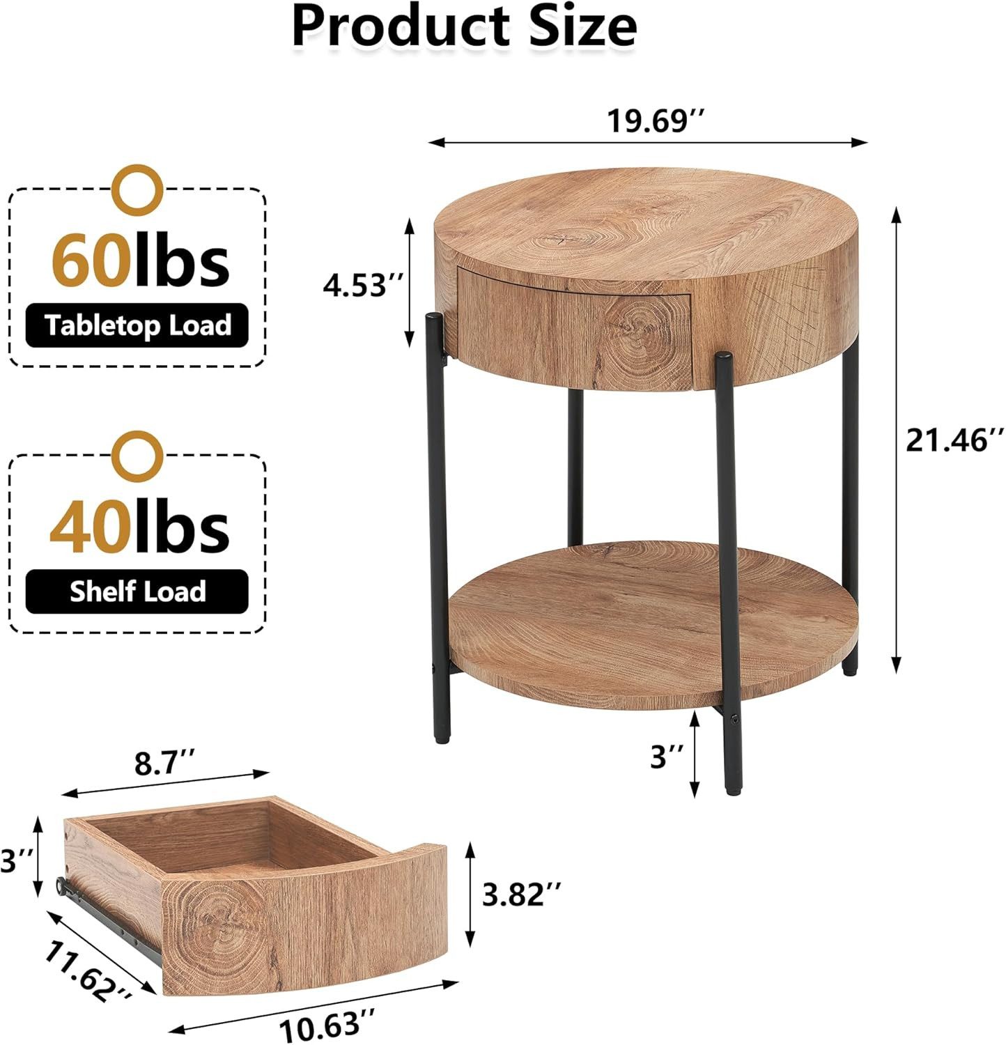 GarveeMore Beistelltisch Runder mit Schublade und Ablagen,Nachttisch aus Ho günstig online kaufen