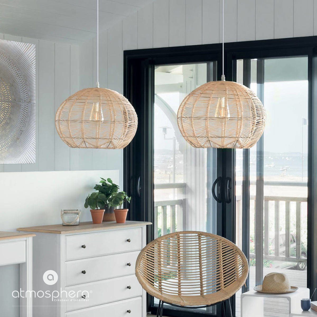 Atmosphera Créateur d'intérieur Pendelleuchte Hängeleuchte über Esstisch KITA, Rattan, Ø 38 cm, Leuchte mit Dekofunktion, ohne Leuchtmittel – Bild 3 von 5