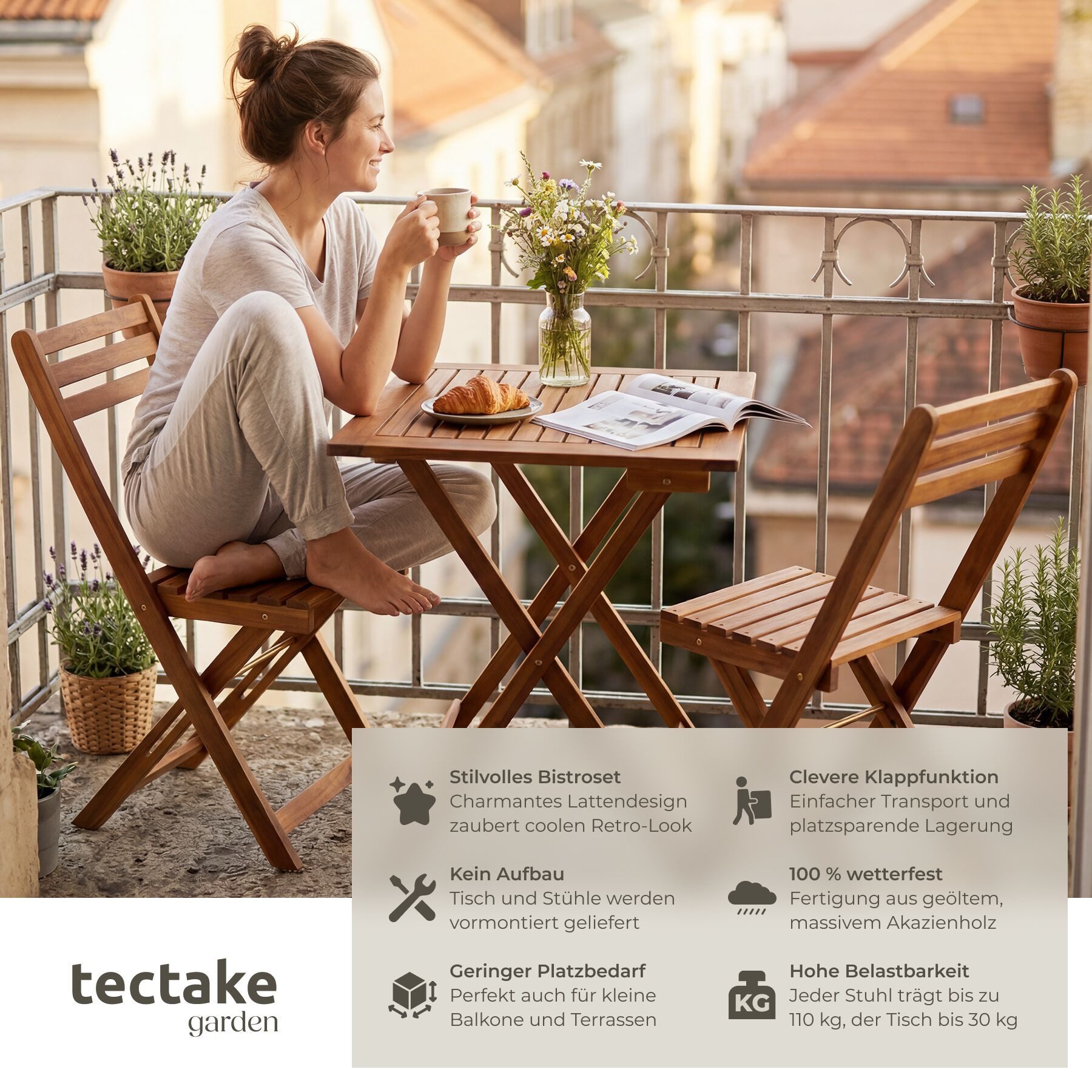 tectake Essgruppe Bistroset für 2 Personen, massives Akazienholz, klappbar, (Balkonmöbel Sóller, 3-tlg., in braun), wetterfest, vormontiert, Belastbarkeit Stuhl 110 kg