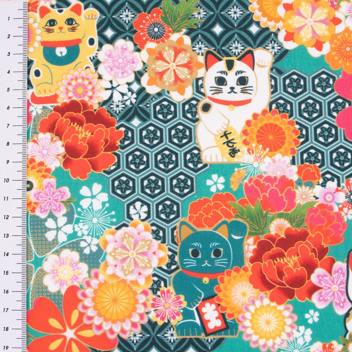 SCHÖNER LEBEN. Stoff Baumwollstoff Digitaldruck MIYUKI Winkekatze Blumen türkis bunt 1,5m