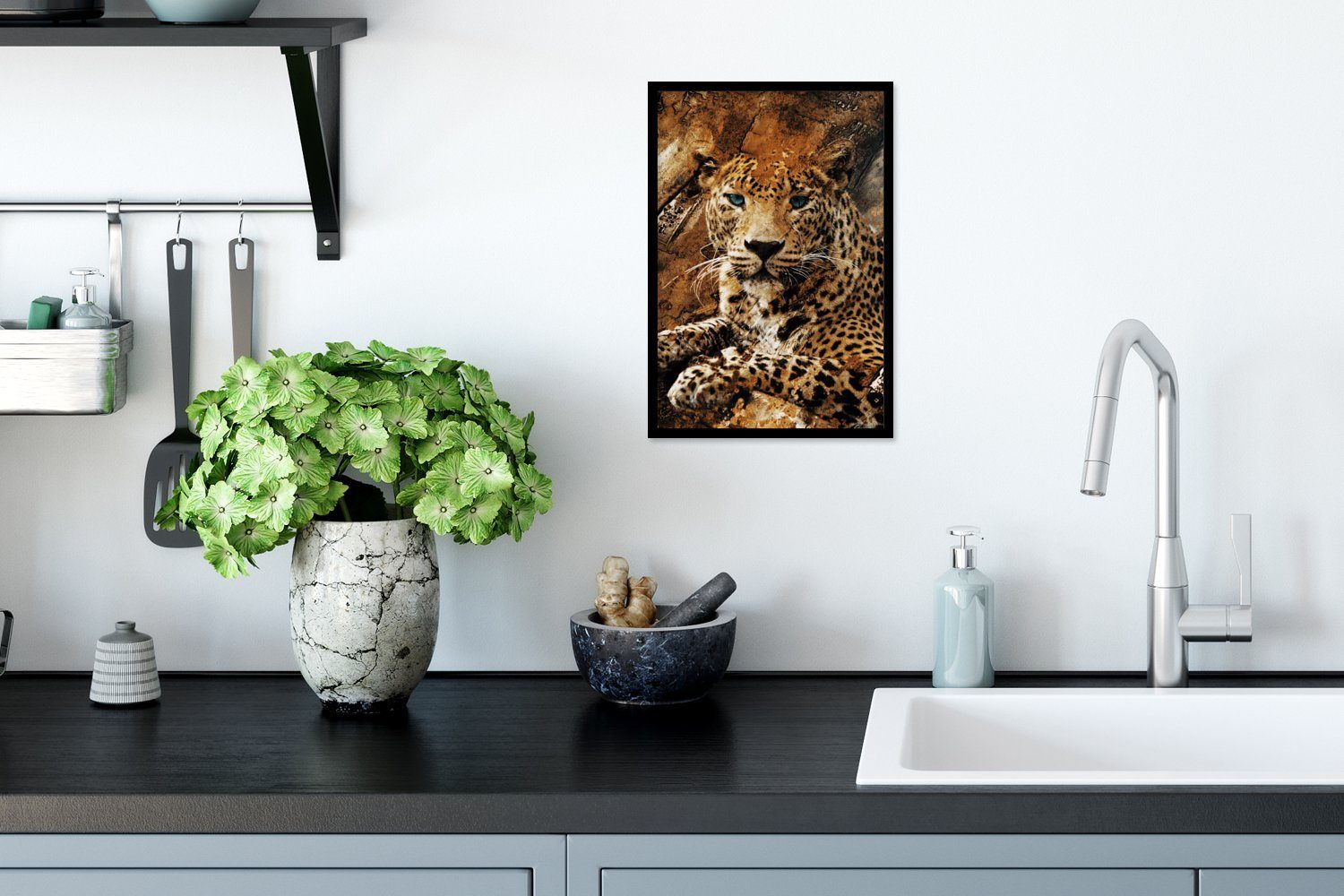 Steine Schwarzem Wandposter, - Gerahmtes Leopard MuchoWow Wanddeko, Wand, Poster Bilder, St), Poster, Bilderrahmen (1 -