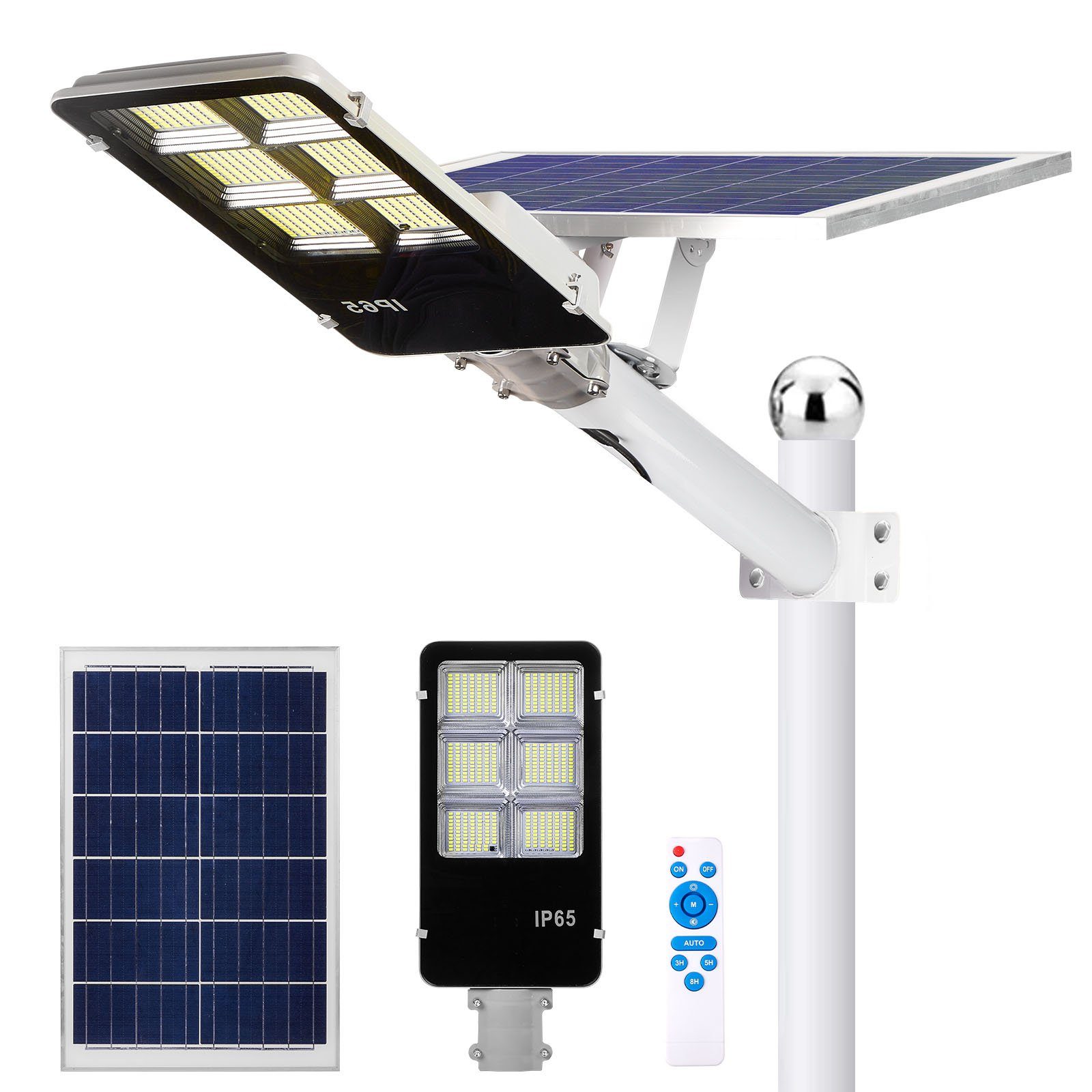 Rosnek LED Solarleuchte 6500K, wasserdicht, Fernbedienung, für Garagen Einfahrt Hof Parkplatz, Weiß (6500K), Montagearm