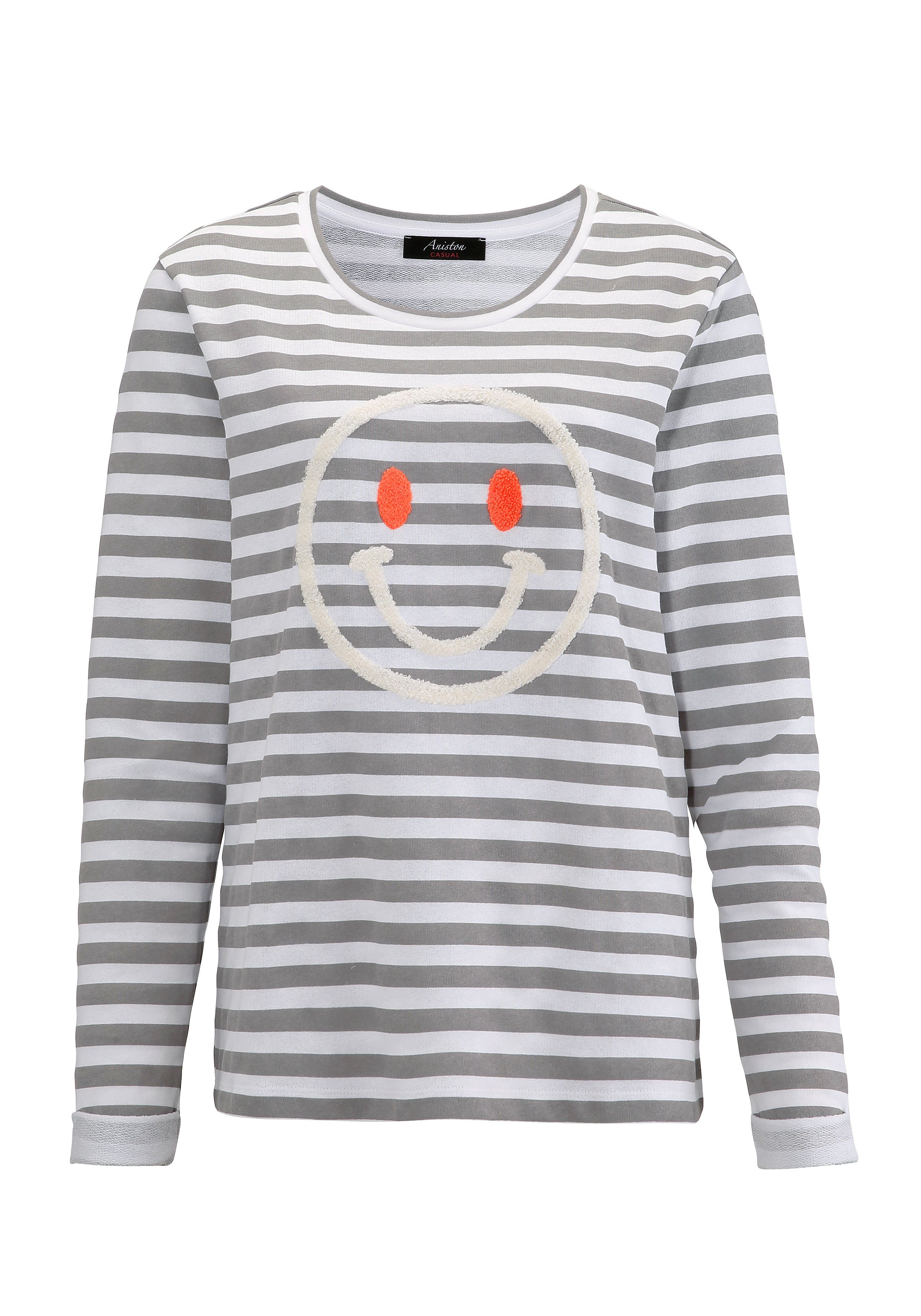 mit Sweatshirt Aniston hellgrau-weiß-wollweiß-orange CASUAL fröhlicher Smiley-Applikation