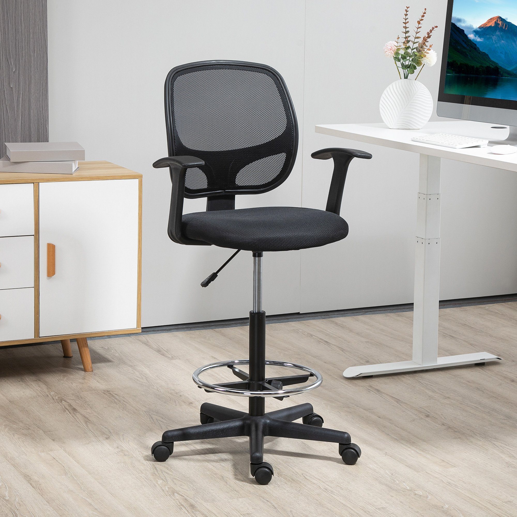 Vinsetto Schreibtischstuhl Bürostuhl Ergonomischer Zeichenstuhl mit verstellbarem Fußring (Höhenverstellbare Drehstuhl mit Rollen, 1 St), für Arbeitszimmer 60 x 56 x 110-132 cm