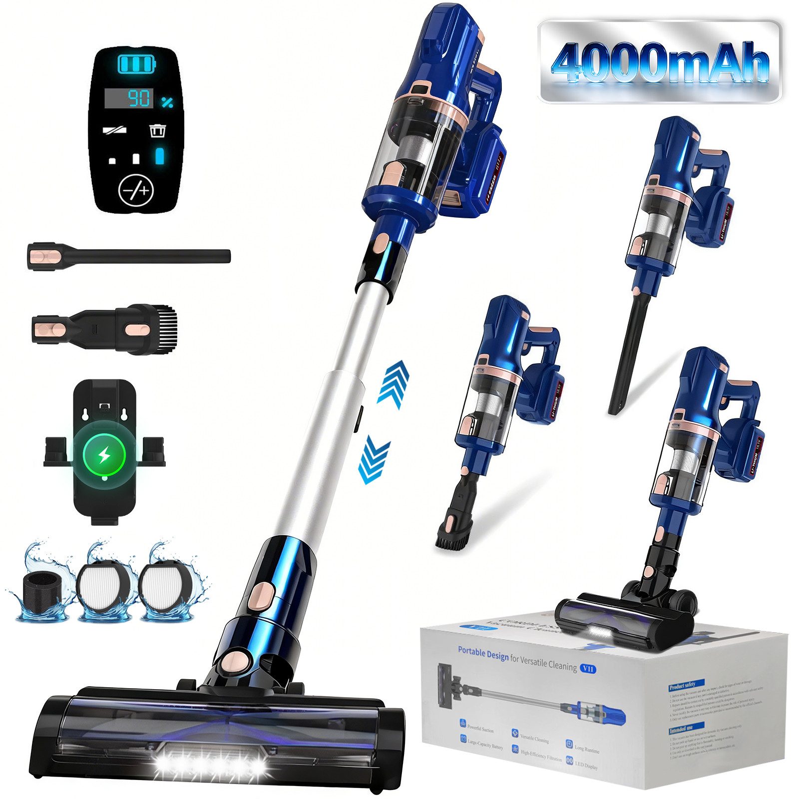 Grenintol Akku-Hand-und Stielstaubsauger Akku Staubsauger,80000pa/4000mAh,Staubsauger Kabellos,LED Display UMLO, beutellos, umfangreichenZubehor, inkl. Akku und Ladestation