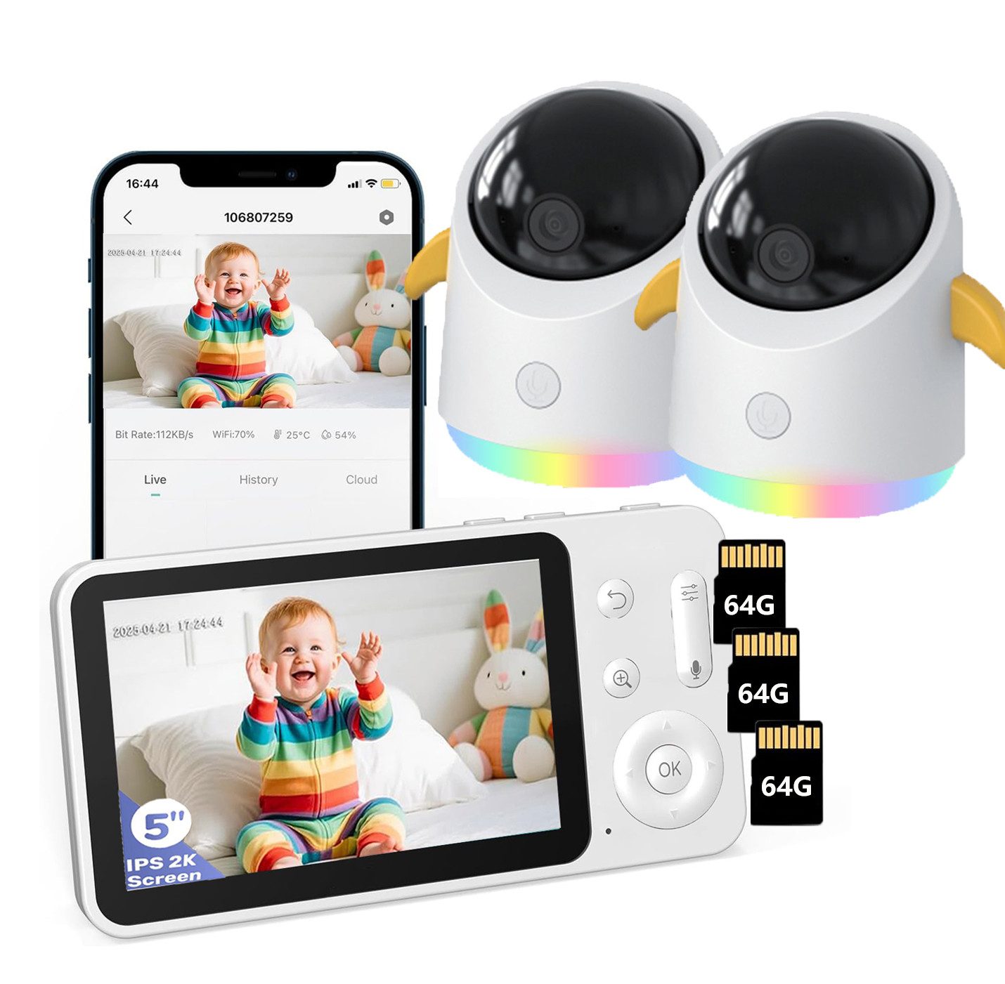 Babyphone 2K Babyphone mit 2 Kameras PTZ 360° WLAN Video Baby Monitor mit App