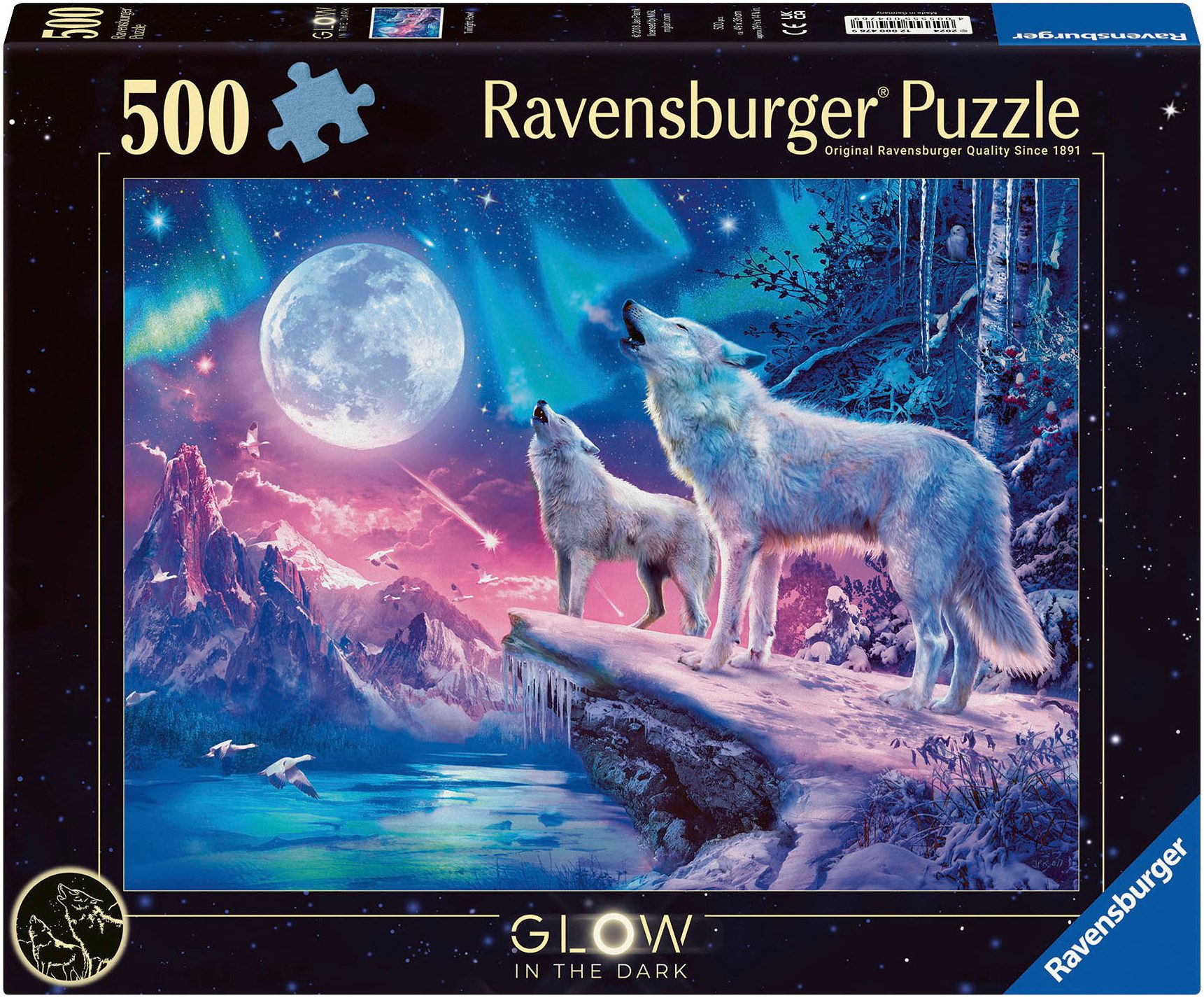 Ravensburger Puzzle Glow in the Dark, Wolf im Nordlicht, 500 Puzzleteile, M günstig online kaufen