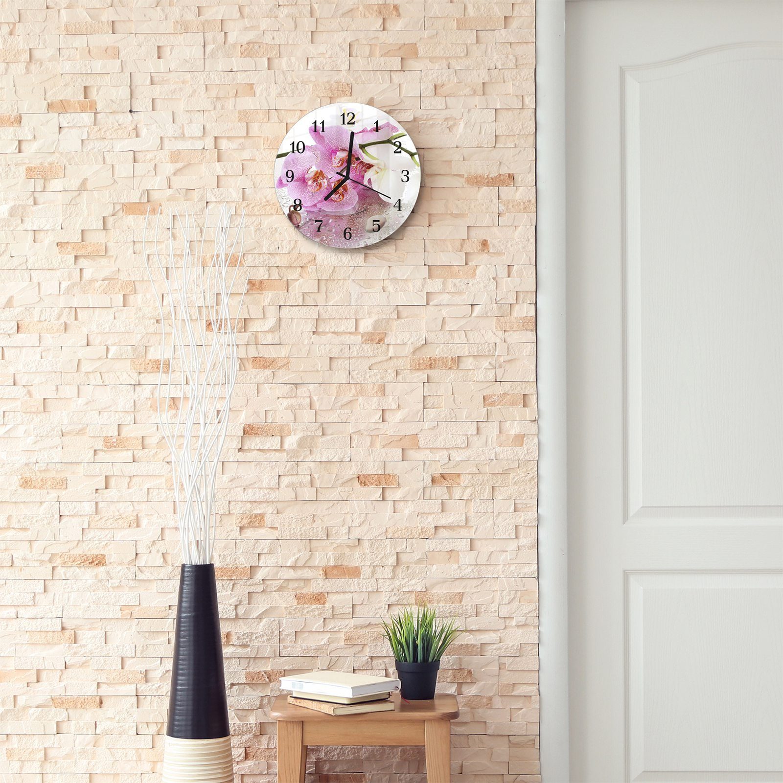 Glas Orchideen aus Rund Durchmesser mit Motiv cm mit 30 - Quarzuhrwerk Wanduhr und mit Wanduhr Primedeco Tropfen