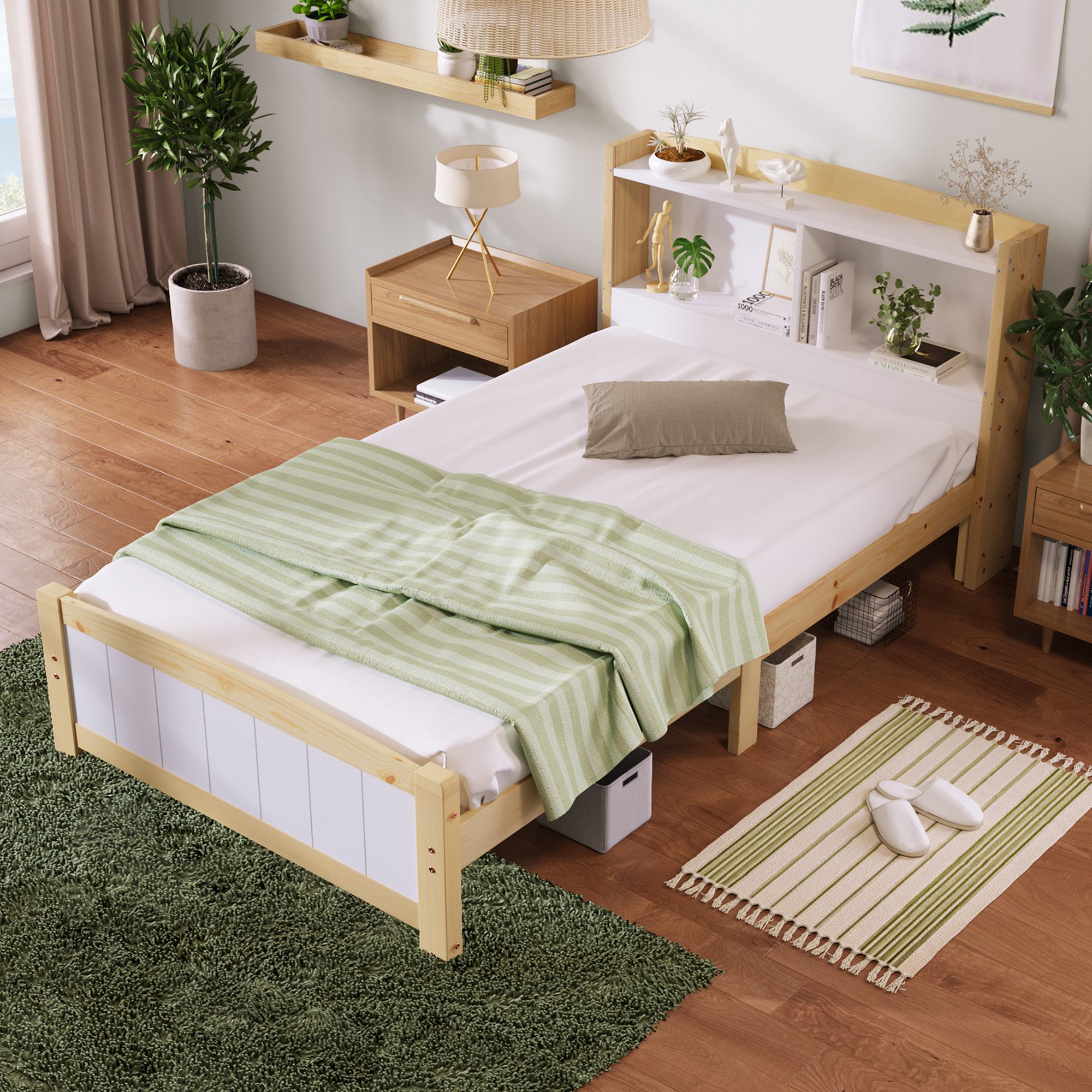 GLP Massivholzbett 90 x 200 cm, mit Lattenrost und Kopfteil mit Regal (Einzelbett aus Kiefer-Massivholz und MDF), Kinderbett, Jugendbett, Natur/Weiß, ohne Matratze und Schubladen