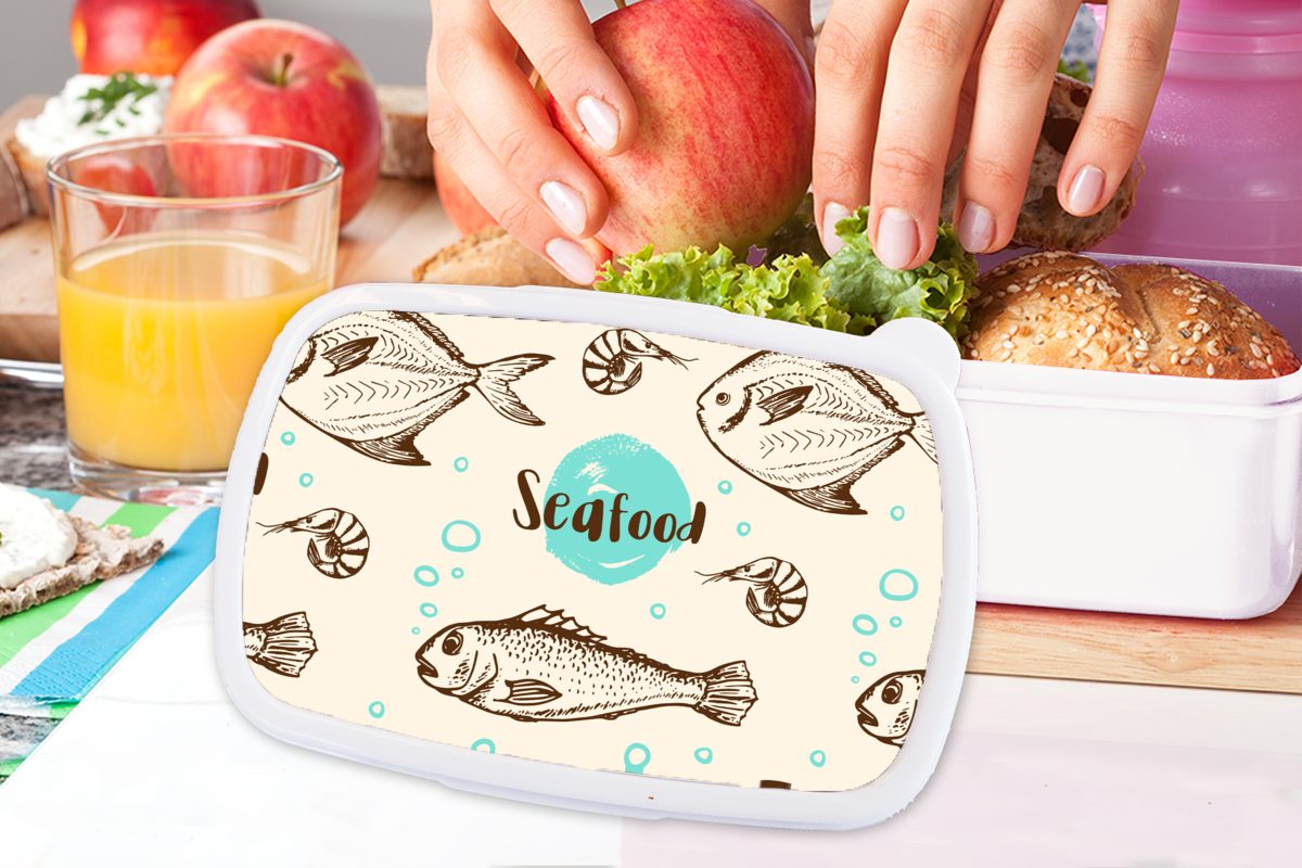 MuchoWow Lunchbox Lebensmittel Fisch, - (2-tlg), weiß für Mädchen und Brotdose, Muster und Brotbox Erwachsene, für Jungs Kunststoff, - Kinder