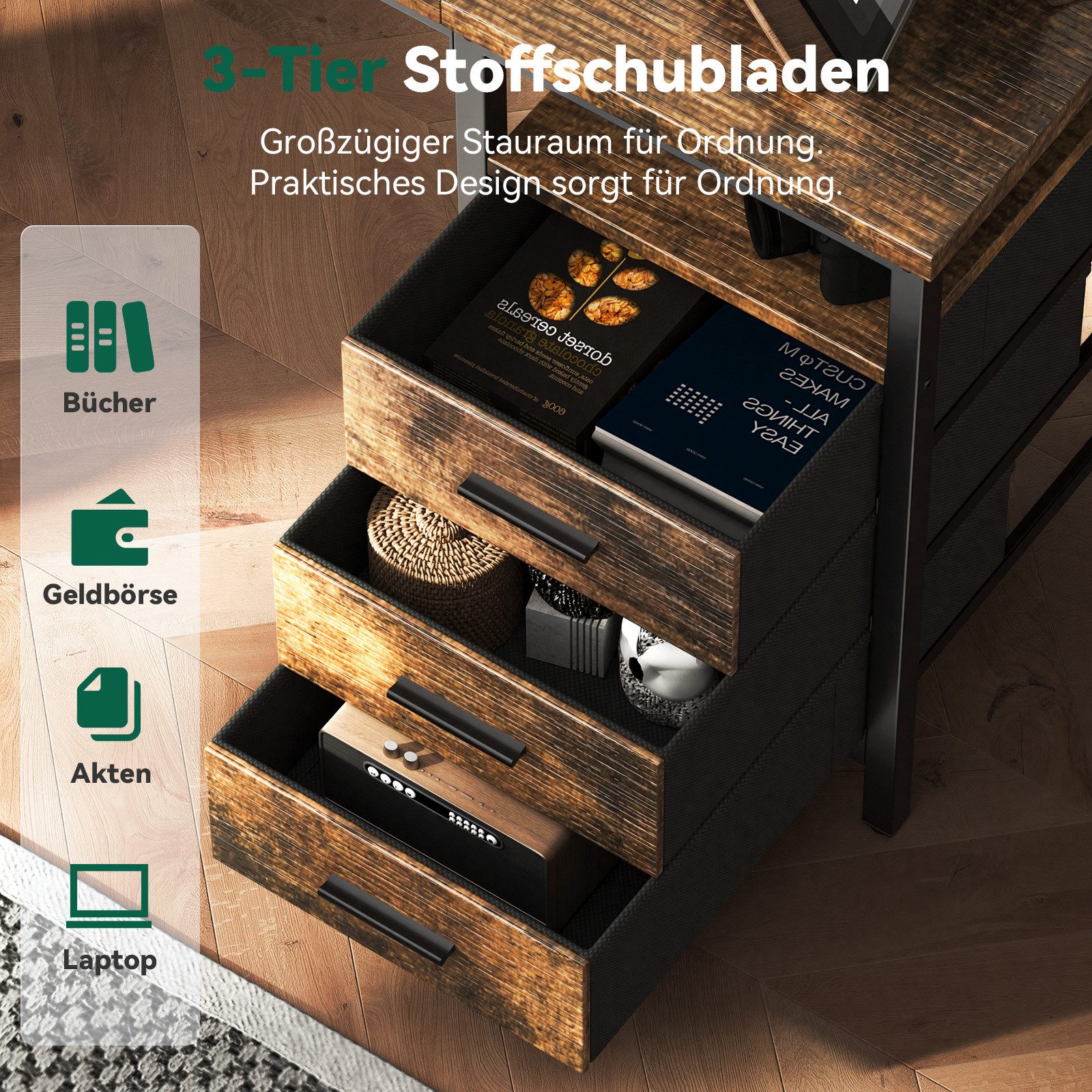 Patbrela Schreibtisch 120/140/160x60x75cm Umkehrbarer PC Tisch, Bürotisch Moderner Stil, Schreibtisch mit 3 Schubladen und 3 Justierbaren Regalen