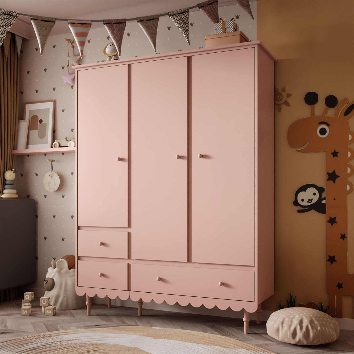 Lookway Kinderkleiderschrank BABUSHKA Dreitüriger Kleiderschrank mit Schubladen.