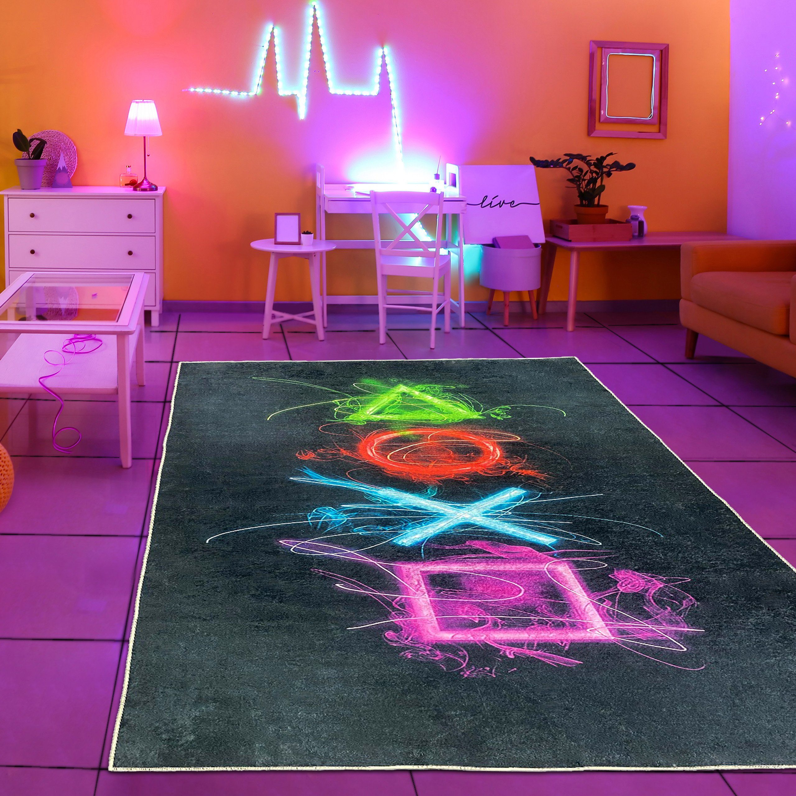 TeppichHome24 Teppich Gaming Teppich mit neonfarbigen günstig online kaufen