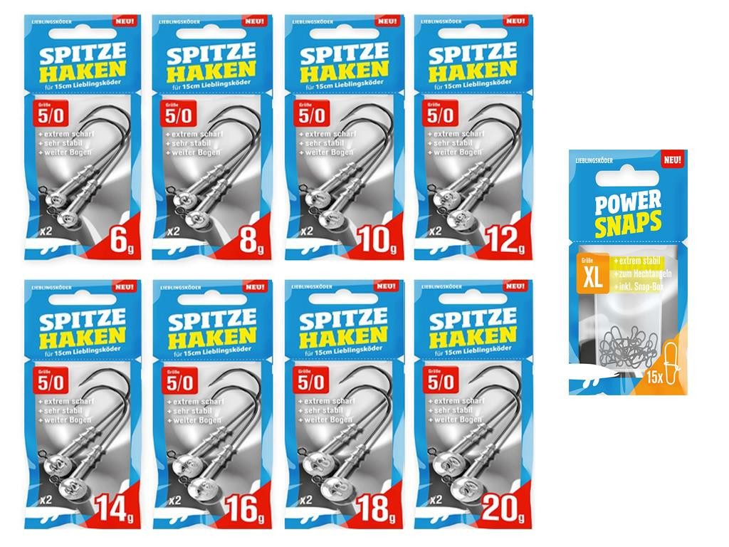 Lieblingsköder Jighaken Lieblingsköder Jigkopf-Set 5/0 - 15 cm Köder - 16 Jigs + 15 Snaps, (Jighaken-Set #/0 incl. Snaps), super Scharf - passend für 6 cm Köder