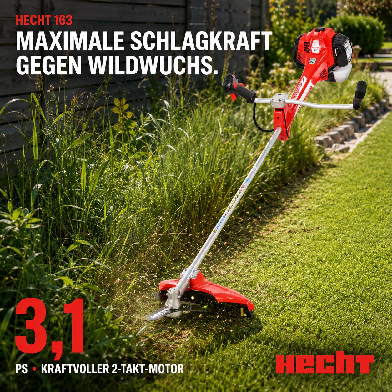 Hecht Benzin-Freischneider mit Tragegurt 3,1 PS, Auftipp-Automatik mit Fadennachführung, 25,5 cm Arbeitsbreite Messer, 42 cm Arbeitsbreite Faden, Profi Rasentrimmer mit 63,3 cm³