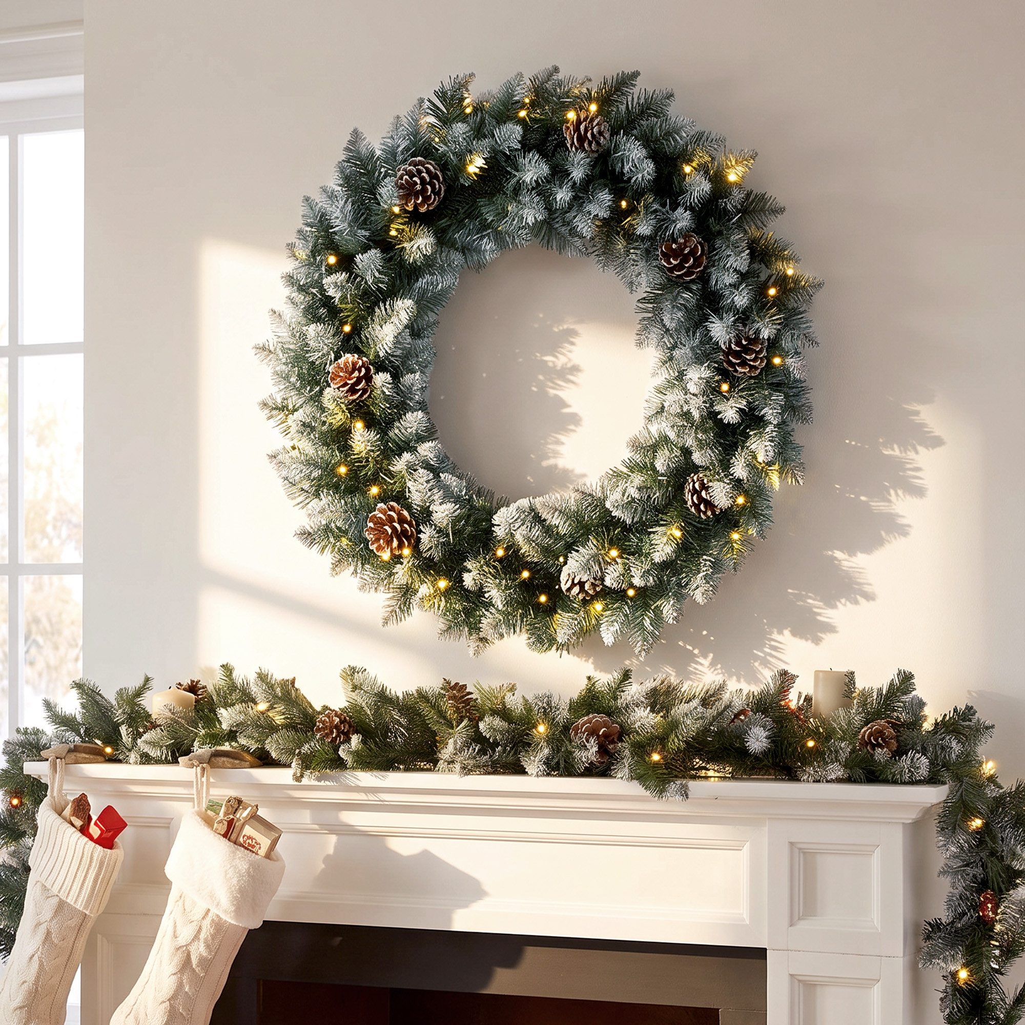 HOMCOM Adventskranz Weihnachtskranz mit Tannenzapfen, 60 cm, 140 Spitzen für Tür., 50 LEDs, 8 Modi, IP44