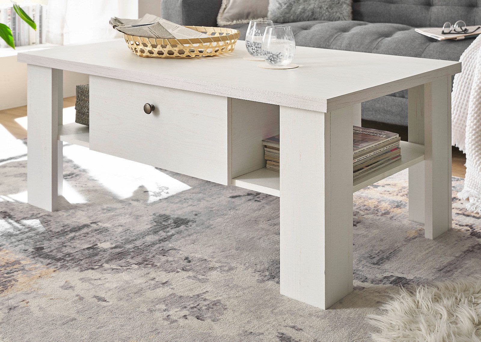 Furn.Design Couchtisch Fiastra (Wohnzimmer Tisch in Pinie weiß Landhaus, 107 x 67 cm, 2 Schubladen), mit Soft-Close-Funktion