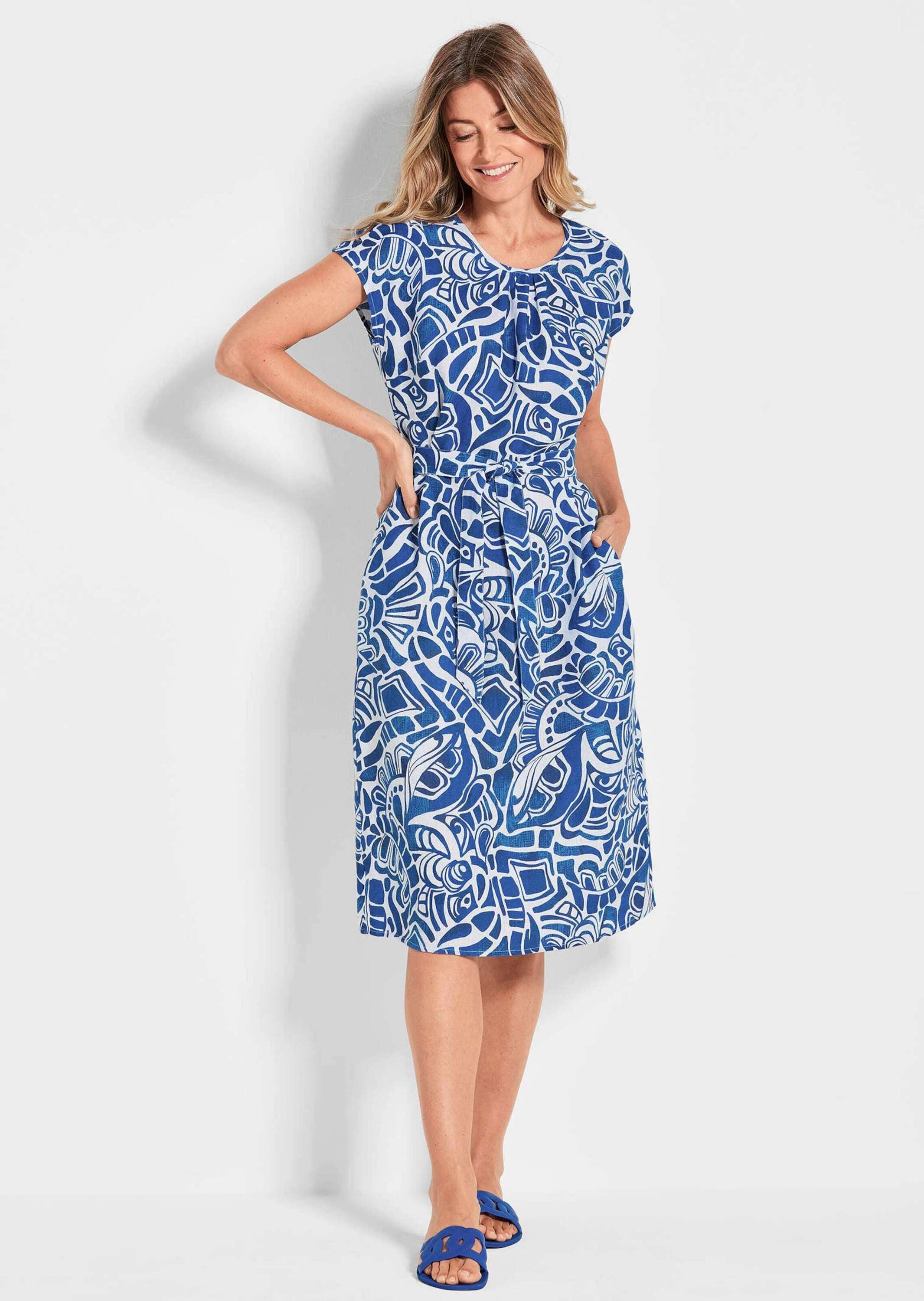 GOLDNER Sommerkleid Leinenkleid Ethno, Halbarm Printkleid aus Leinen, gemustert, figurbetont, Halbarm, tailliert