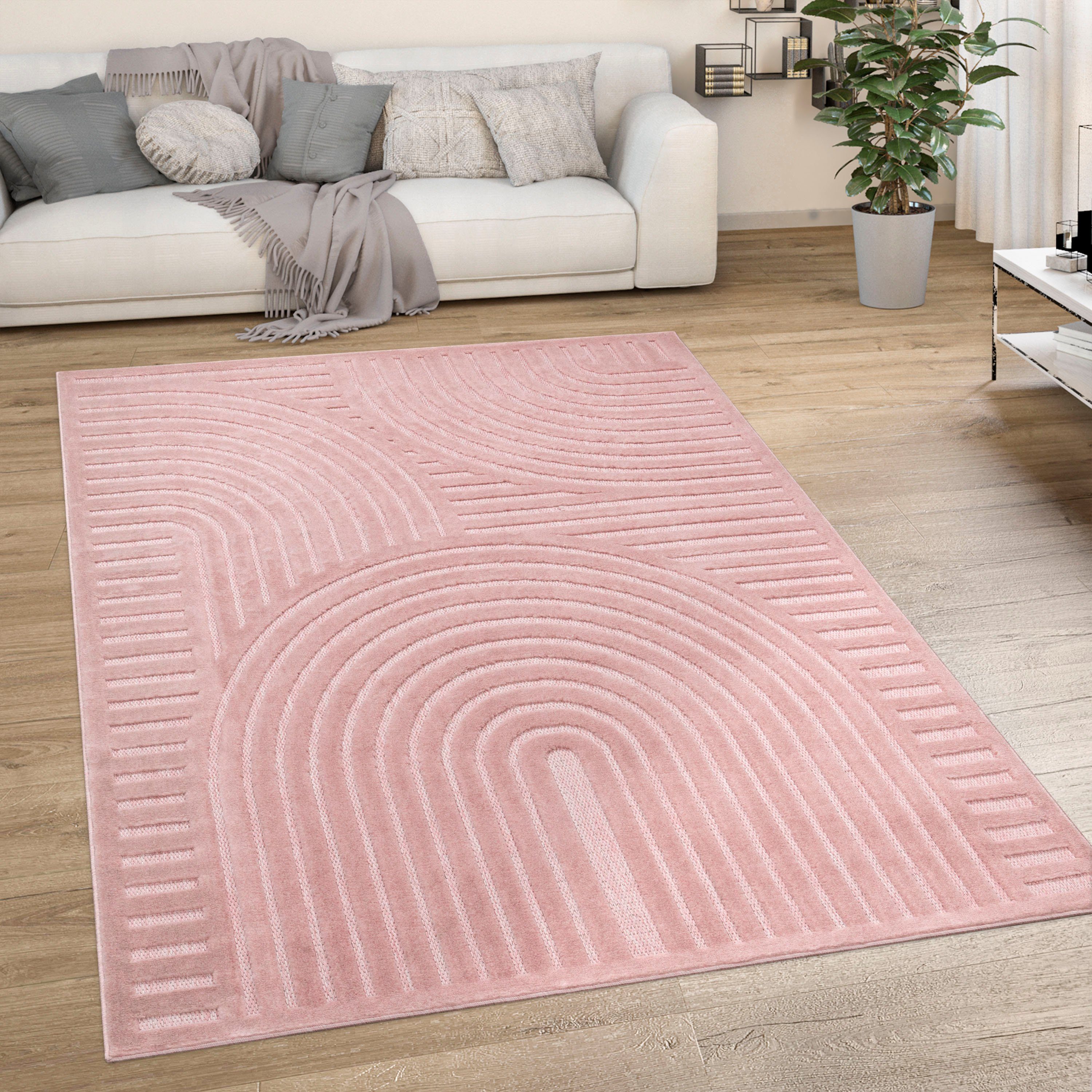 Teppich Livorno rechteckig, Farben, geeignet Outdoor Hoch-Tief-Effekt, Scandi-Look, Home, Paco Uni moderner 674, Höhe: 14 pink mm