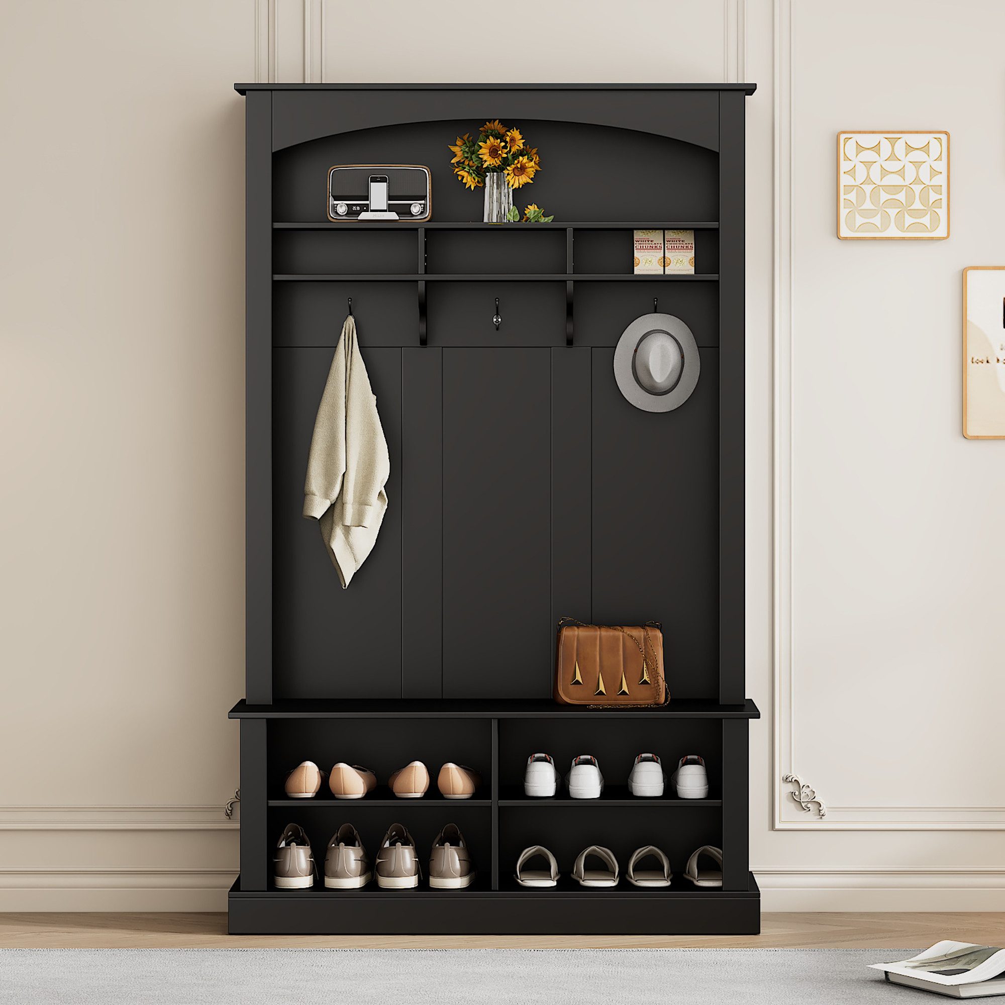Refined Living Garderoben-Set mit Bank und Schuhablage, Garderobe mit Haken, Aufbewahrungsbank, (H190/B120/T40 cm, multifunktionale Aufbewahrungsbank mit 3 hängenden Haken & offenem Stauraum, Schuhbank, Flurmöbel, Eingangsbereich Möbel, Flurgarderobe, 1-St., Flur-Schuhschrank, Verstellbare Einlegeböden, Robuste Konstruktion), rechteckige Aufbewahrung & Regale Garderobe für Flur, Eingangsbereich