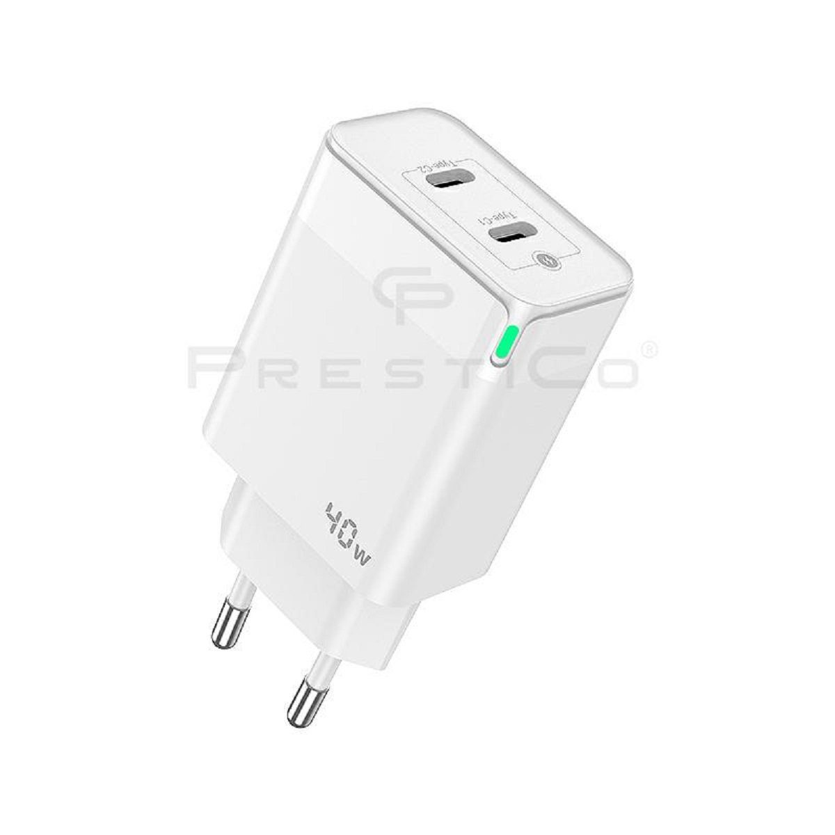 PrestiCo F16​ 2xUSB​-​C​ 40W​ PD​ weiß Universal Smartphone-Ladegerät (2x USB Typ-C, 1-tlg., USB-C, Superschnelles Laden)