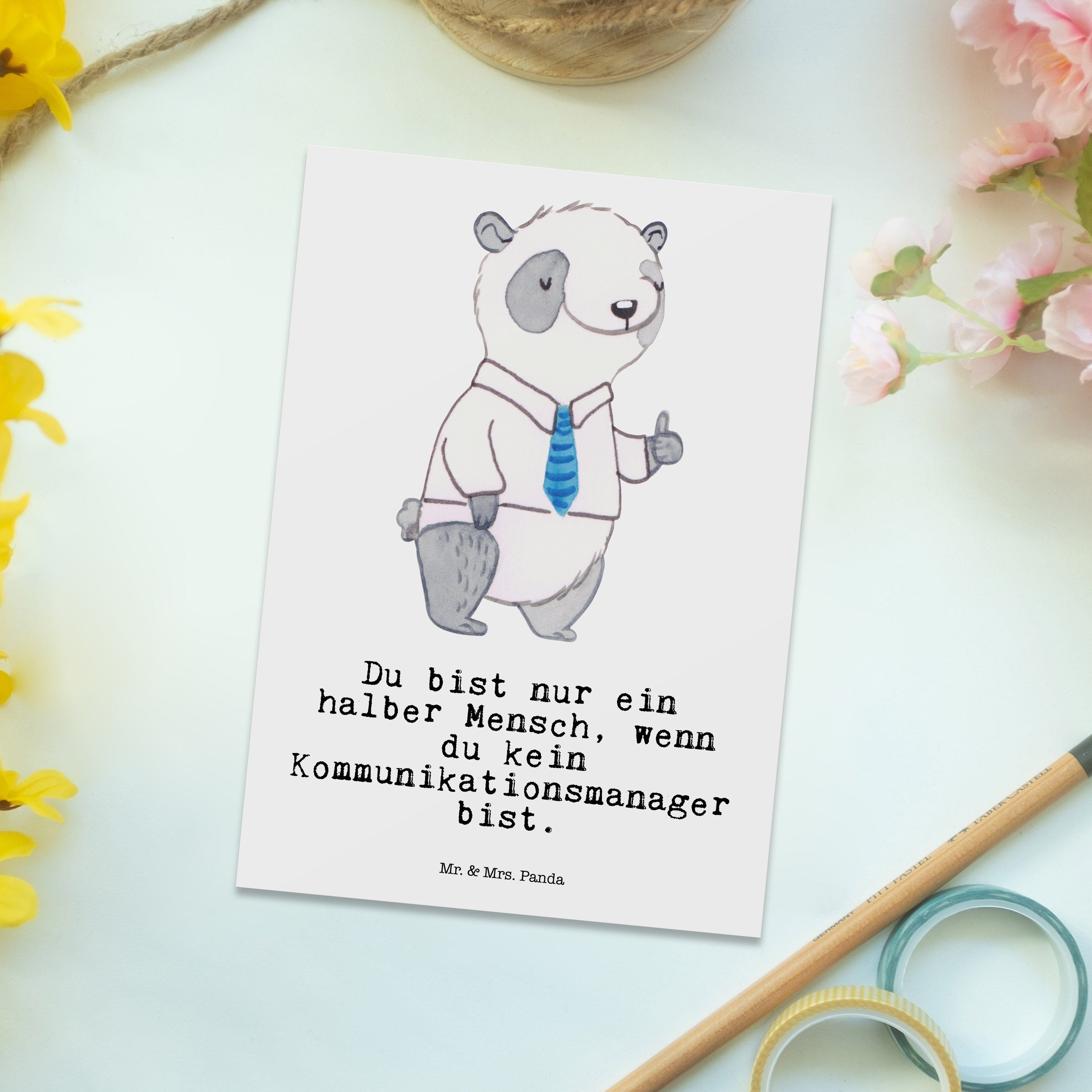 Herz - Panda communic - Mrs. Kommunikationsmanager Postkarte Geschenk, Grußkarte, mit Weiß & Mr.