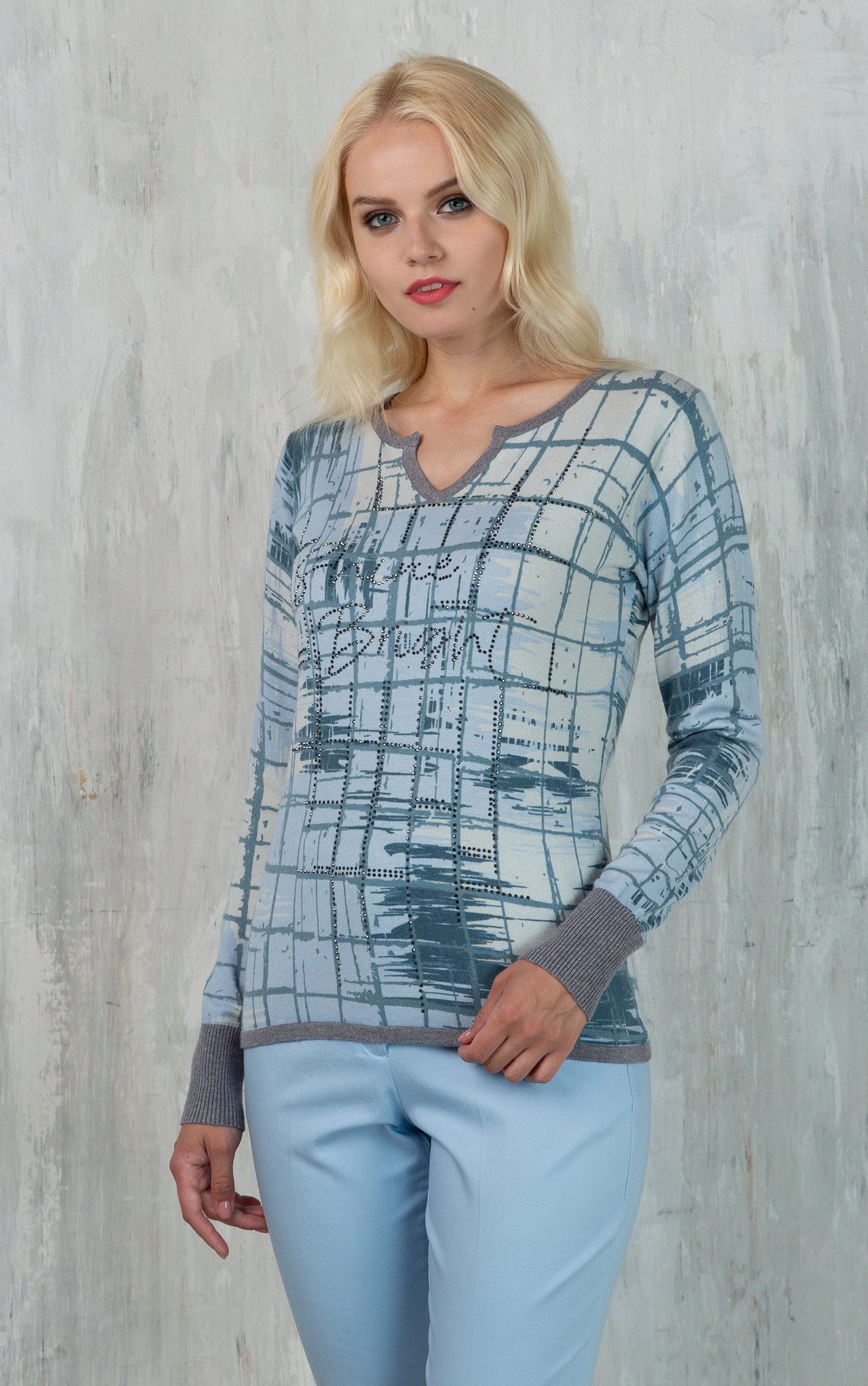 Passioni Strickpullover mit abstraktem Print und Strassdetails günstig online kaufen