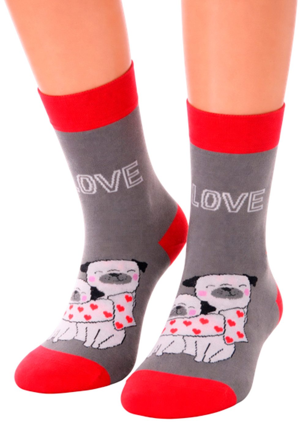 Martinex Socken 1 Paar socks Strümpfe in Grau mit Hunden und Herzen neutral (unisex, für Damen Herren und Kinder) für Valentinstag, 34 35 36 37 38 39 40 41 42 43 44 45