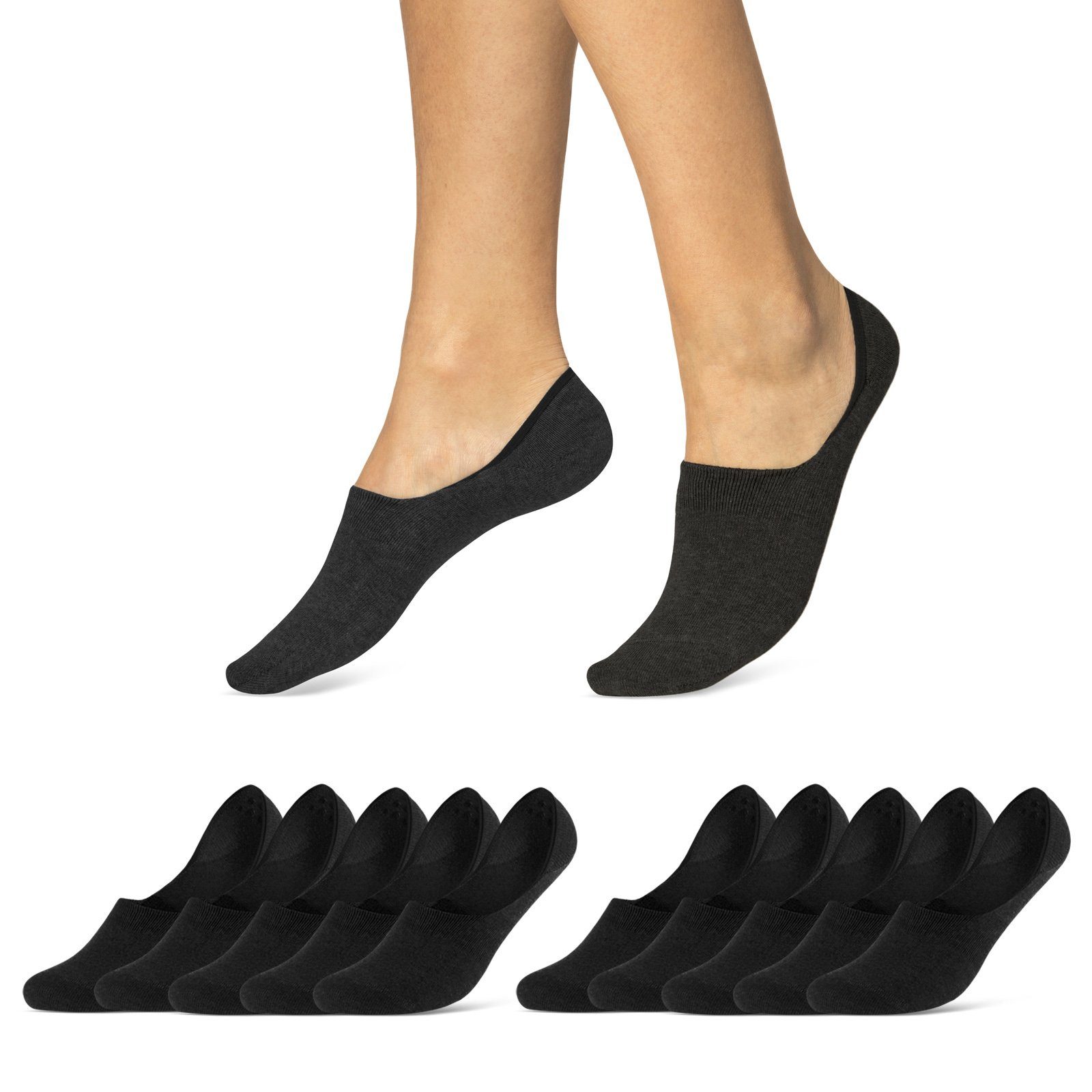 sockenkauf24 Füßlinge 10 Paar Premium Füßlinge aus gekämmter Baumwolle Damen & Herren (Schwarz, 39-42) Sneaker Socken ohne drückende Naht (Exclusive Line) - 70103T WP