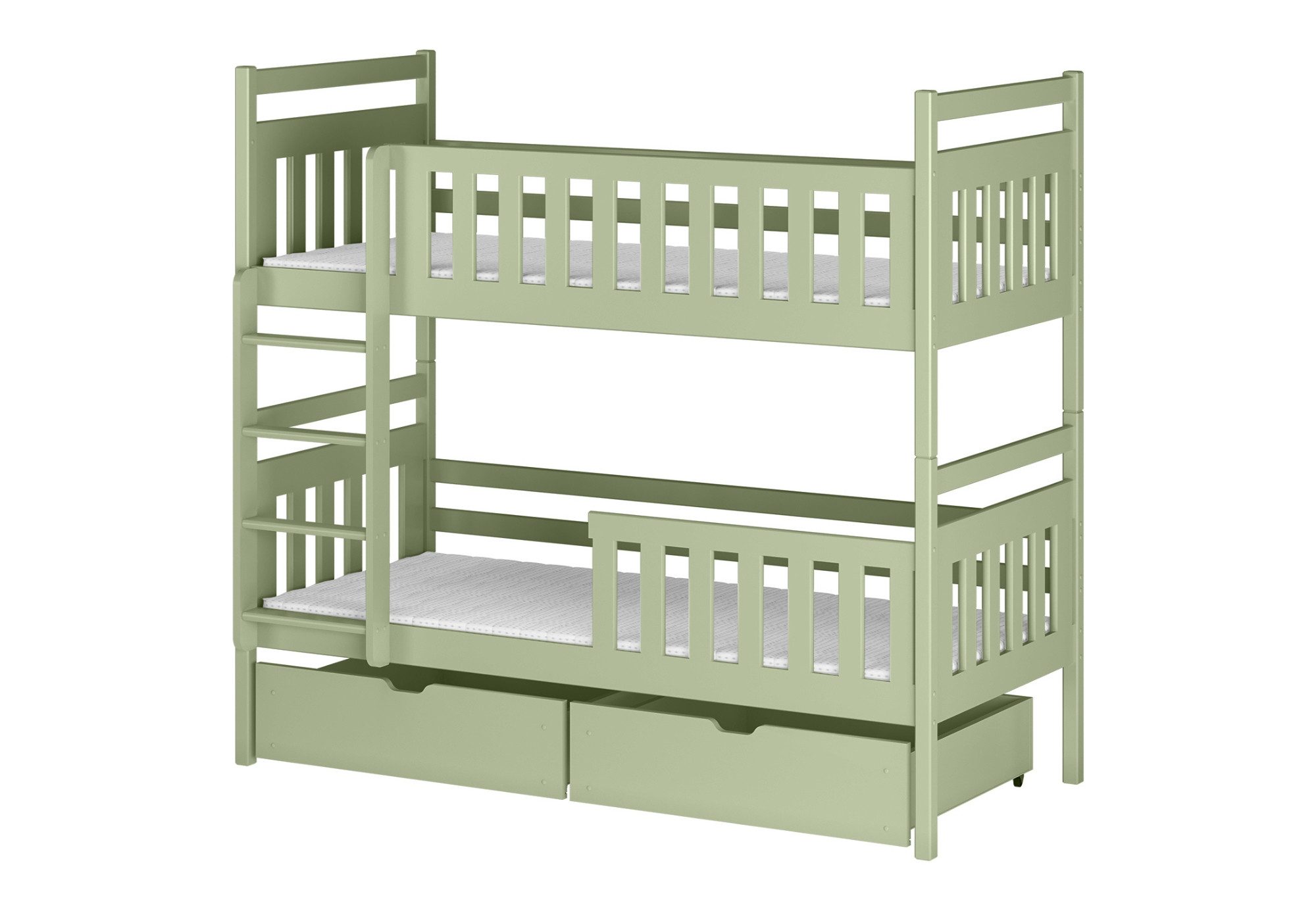 Kids Collective Hochbett 80x180, 90x200 cm mit 2 Schubladen Kinderbett mit Rausfallschutz Lattenrost, umbaubar in 2 Kinderbetten, Vollholz, Olivgrün, 200x90 cm