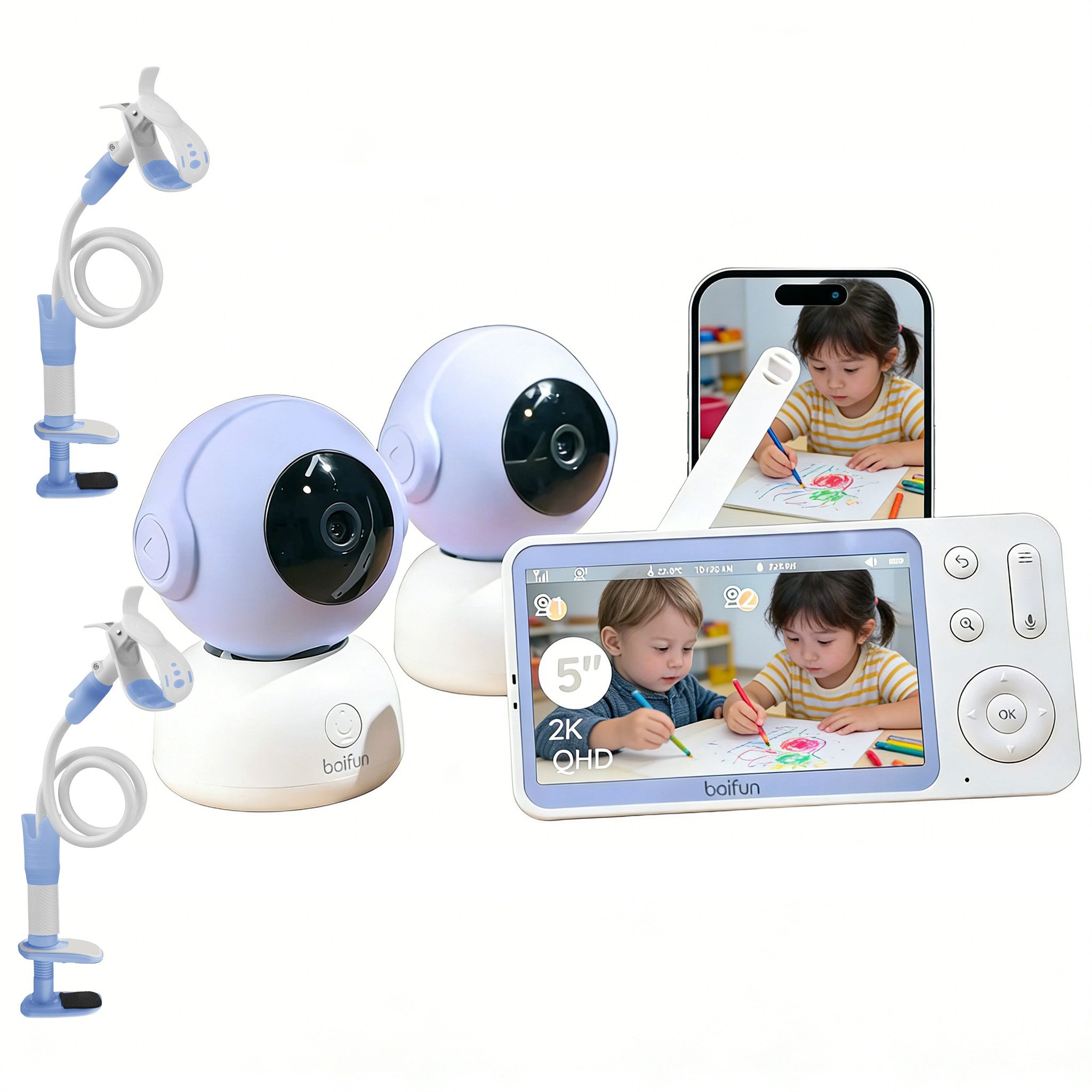 Boifun Video-Babyphone Babyphone 720P mit Kamera 5 Zoll Baby Monitor, mit Kamera und Audio WLAN, 3000-mAh-Akku, 1-tlg., unterstützt Temperaturüberwachung Schlaflied Wecker, Nachtsicht, Bidirektionales Interkom, Zwei-Wege-Audio VOX-Modus