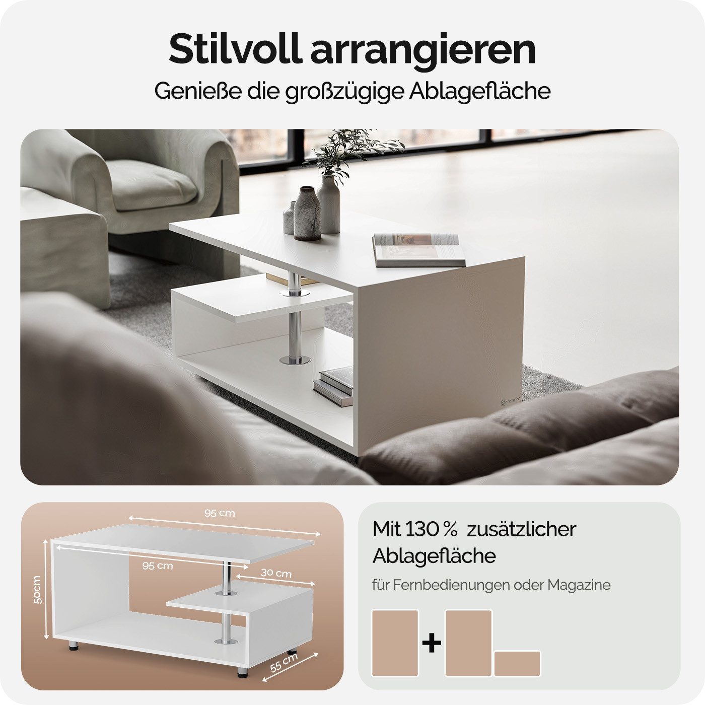 Casaria Couchtisch Orlando, Stauraum 3 Ablagen Holz Modern Höhenverstellbar 95x55x50cm Weiß