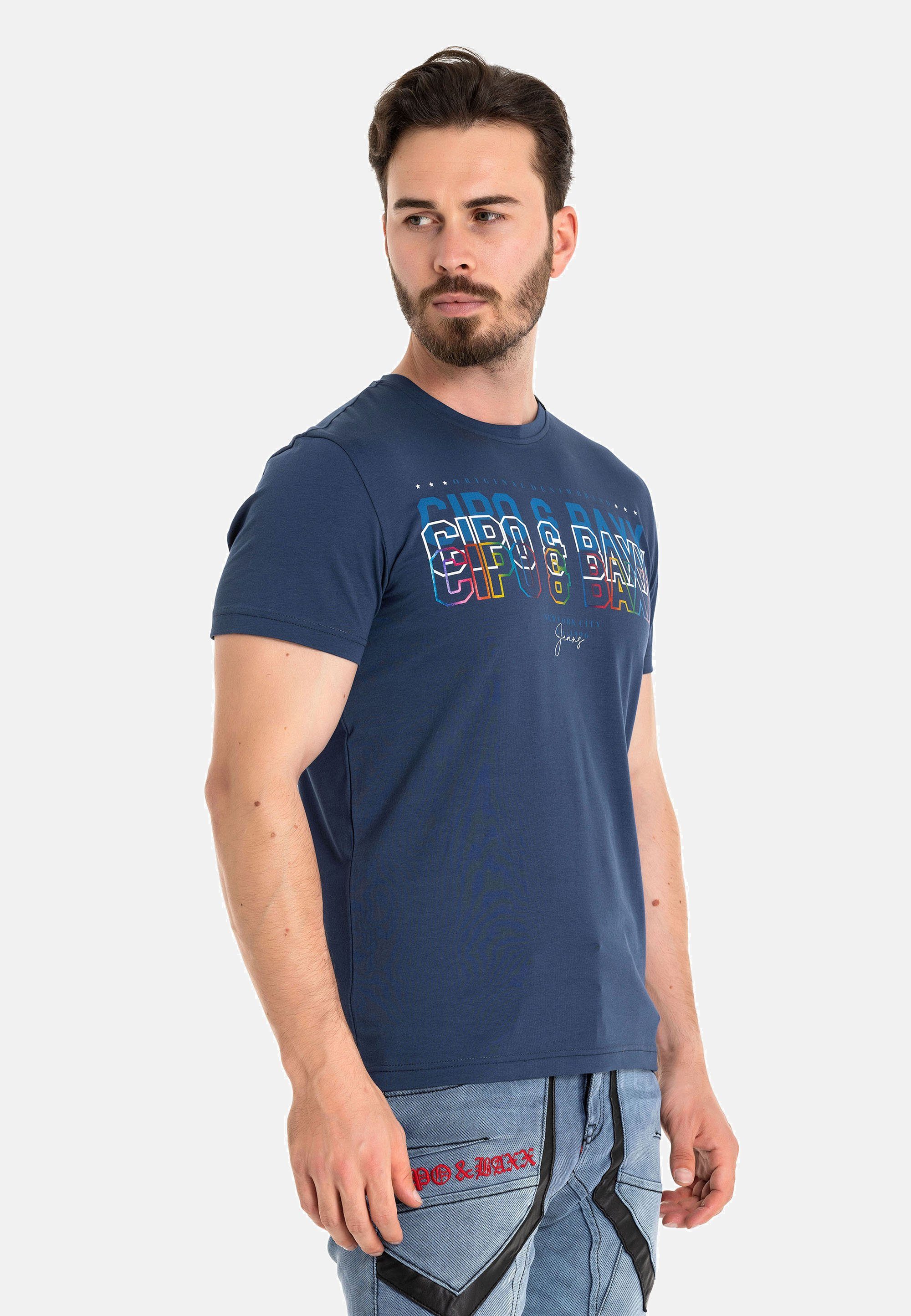 T-Shirt blau Baxx CT717 trendigem mit Markenprint Cipo &