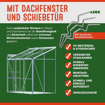 Gardebruk Gewächshaus, Beistell Aluminium 3,8m³ mit Fundament 190x122cm Treibhaus Gartenhaus