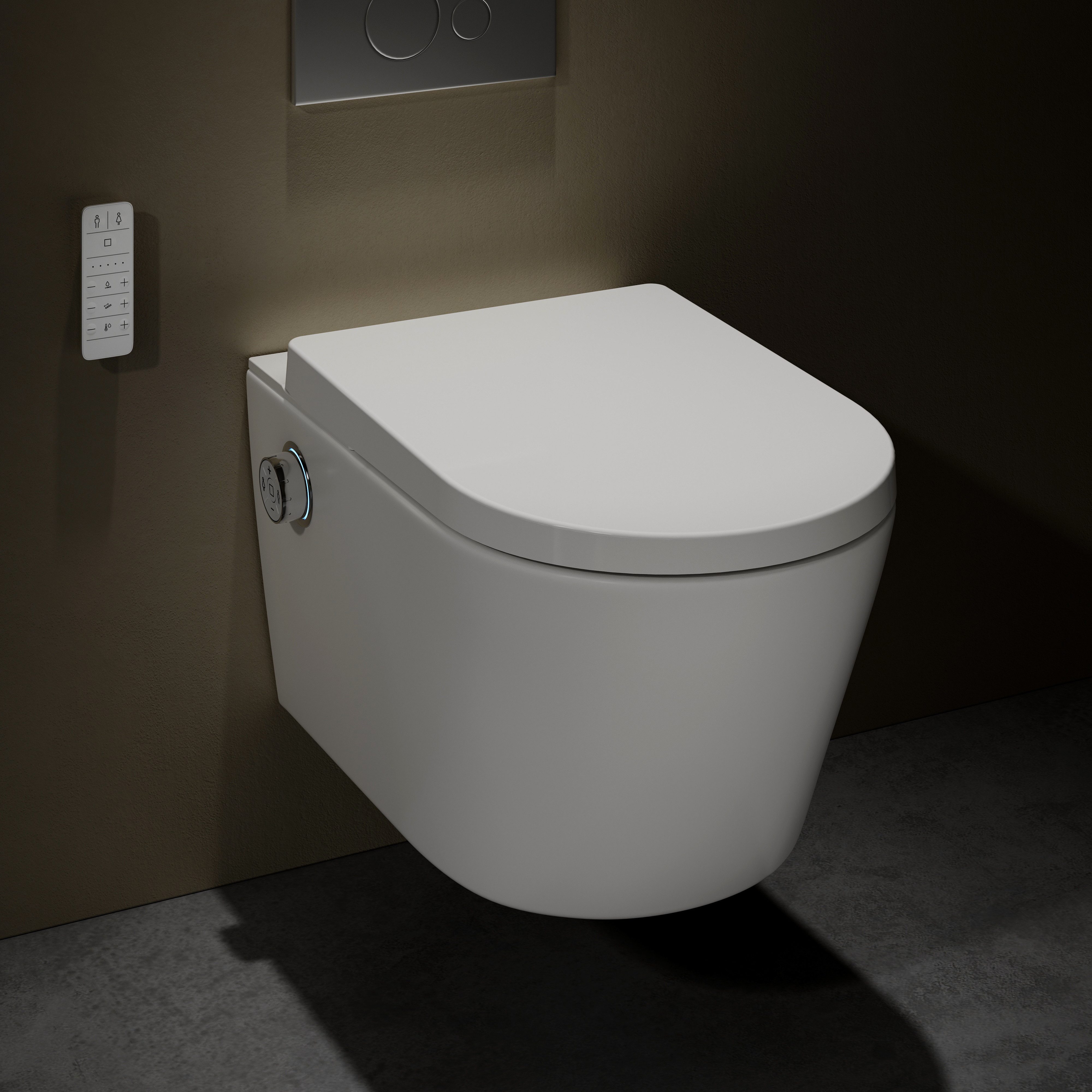 HOROW Dusch-WC Intelligente Hänge WC mit Bidet Funktion Smart WC spülrandlos WC, Wand WC, Abgang waagerecht, mit Warmwasser,Wassertemperatur einstellbar, Wasserdruck regulierbar, Warme Lufttrocknung, Damenpflege