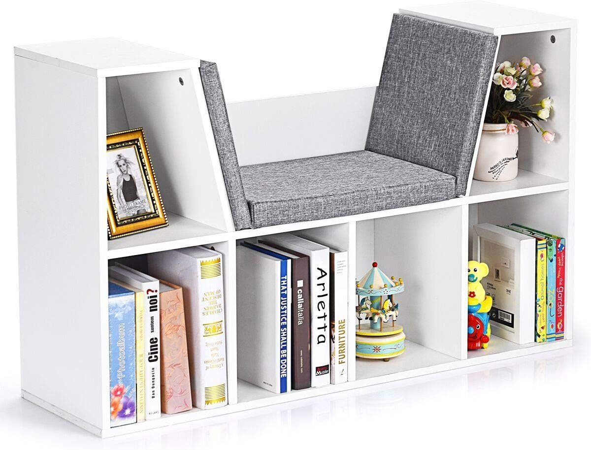 KOMFOTTEU Bücherregal Bücherschrank, mit Sitzbank, aus Holz, mit Sitzkissen weiß